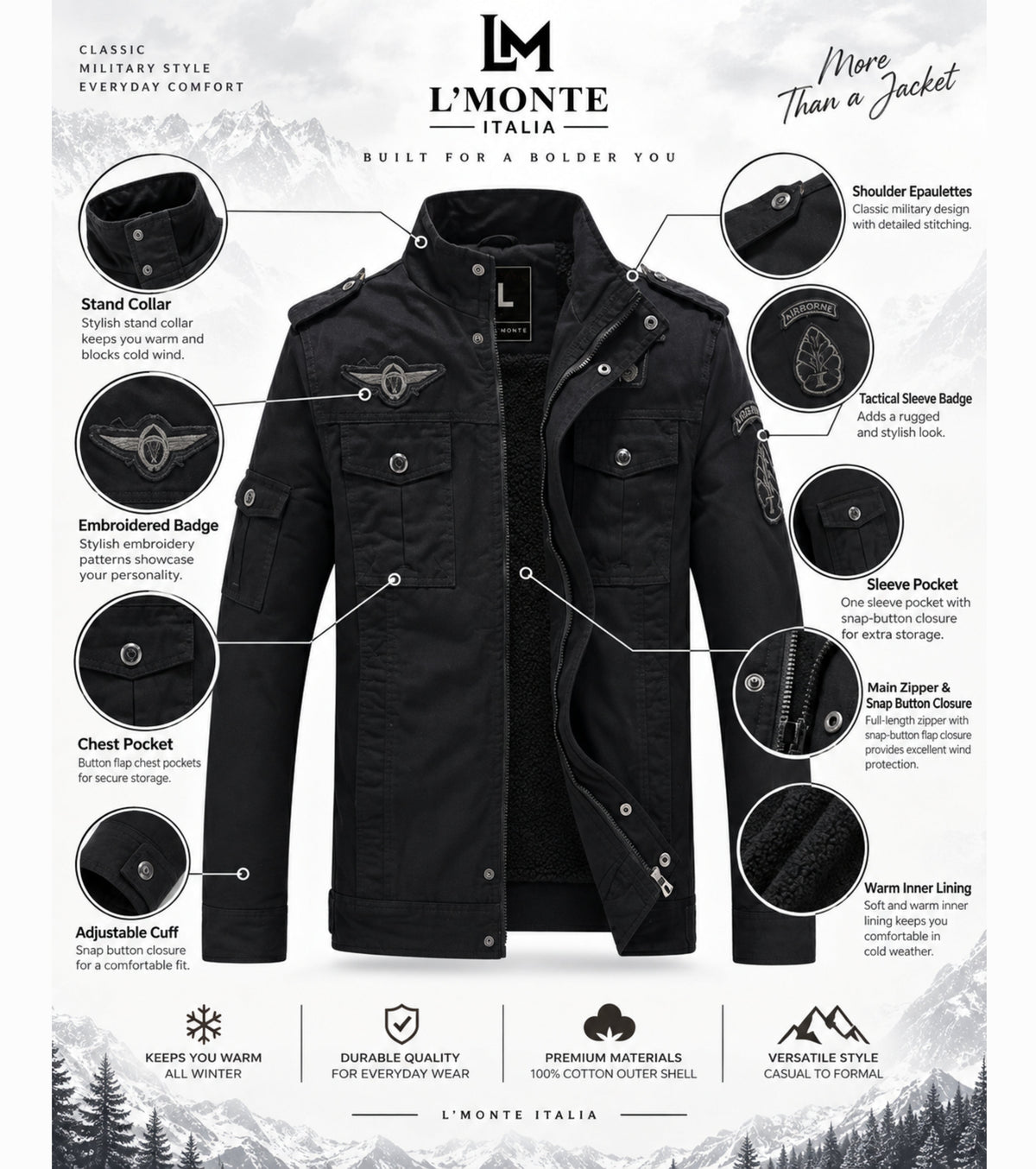 L'MONTE Men's Black Fleece-Lined Bomber Jacket My Store