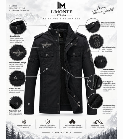 L'MONTE Men's Black Fleece-Lined Bomber Jacket My Store