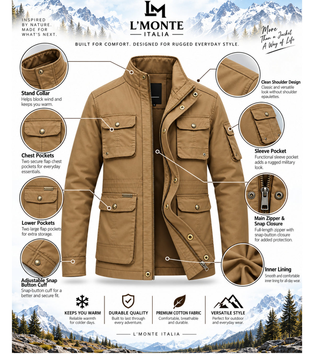 L'MONTE Men's Khaki Cotton Outdoor Fall Jacket For Mild Winter My Store