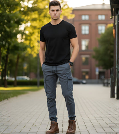 L'MONTE Men's Grey Cotton Stretch Cargo Joggers Lmonte International