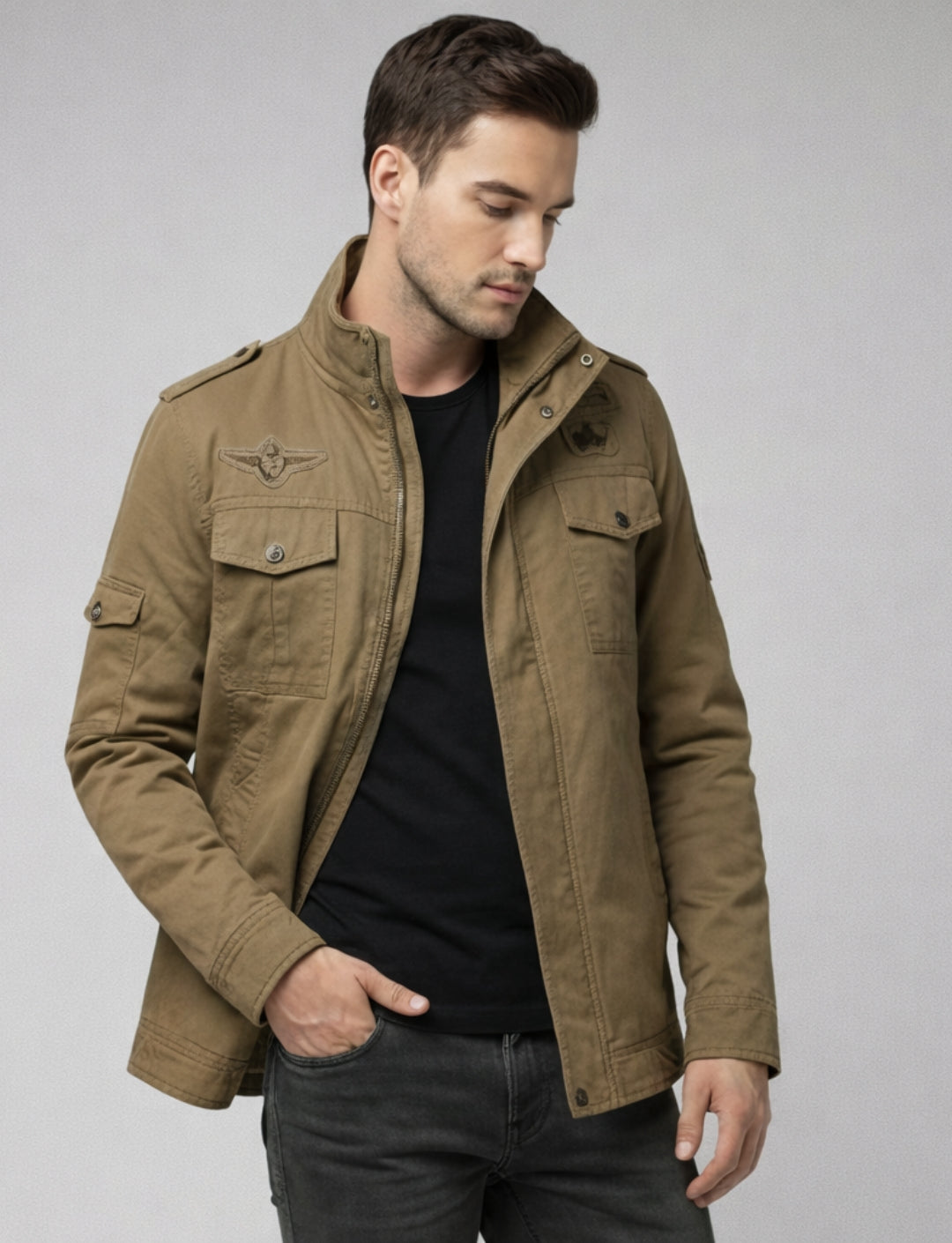L'MONTE Men's Khaki Fleece-Lined Bomber Jacket My Store