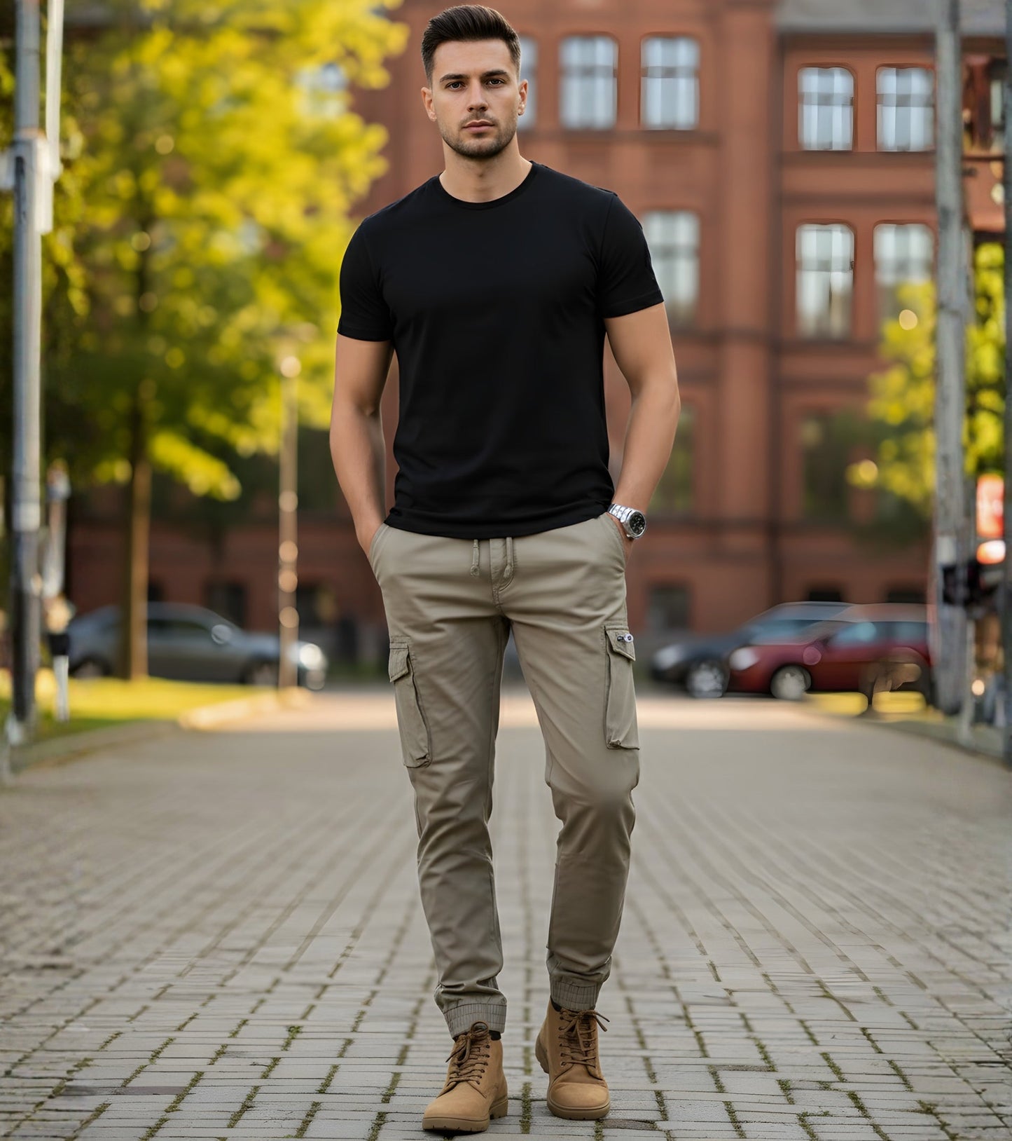 L'MONTE Men's Khaki Cotton Stretch Cargo Joggers Lmonte International