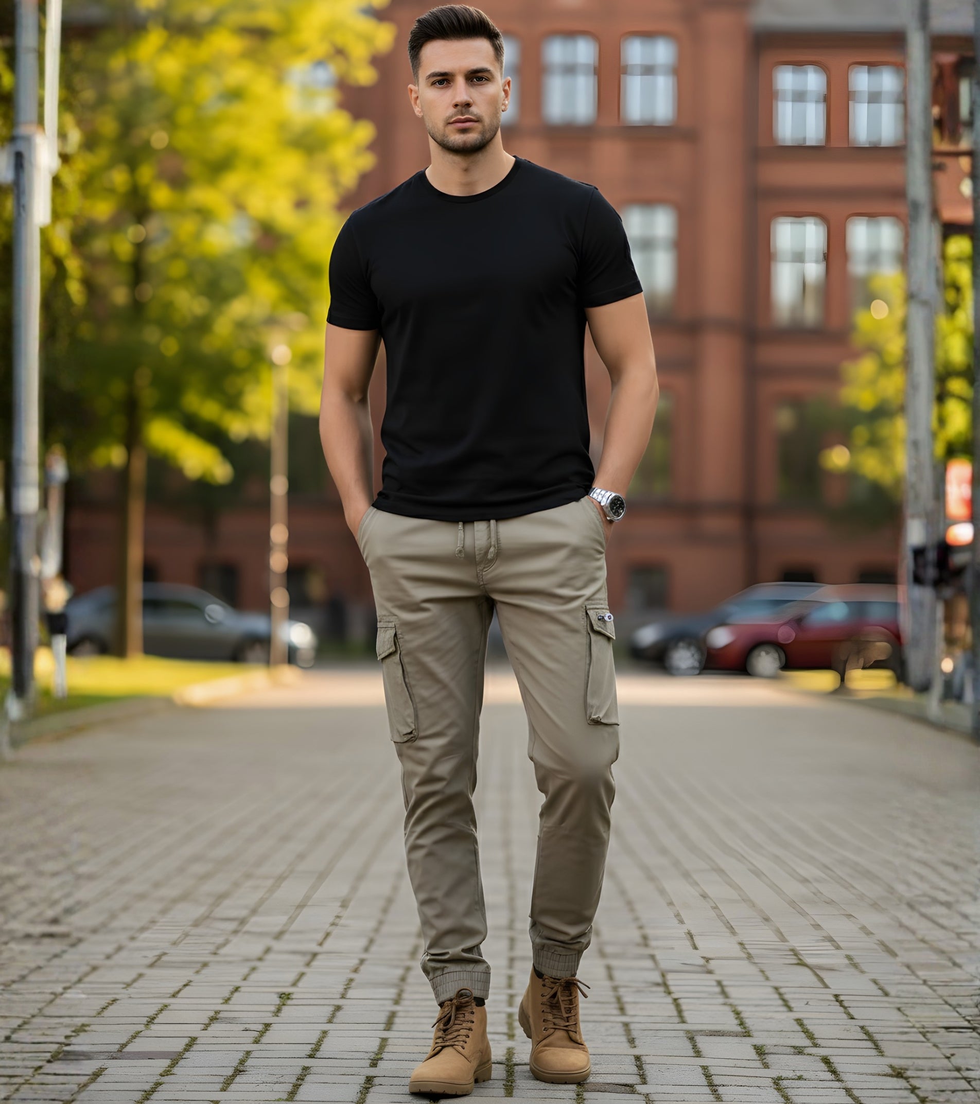 L'MONTE Men's Khaki Cotton Stretch Cargo Joggers Lmonte International