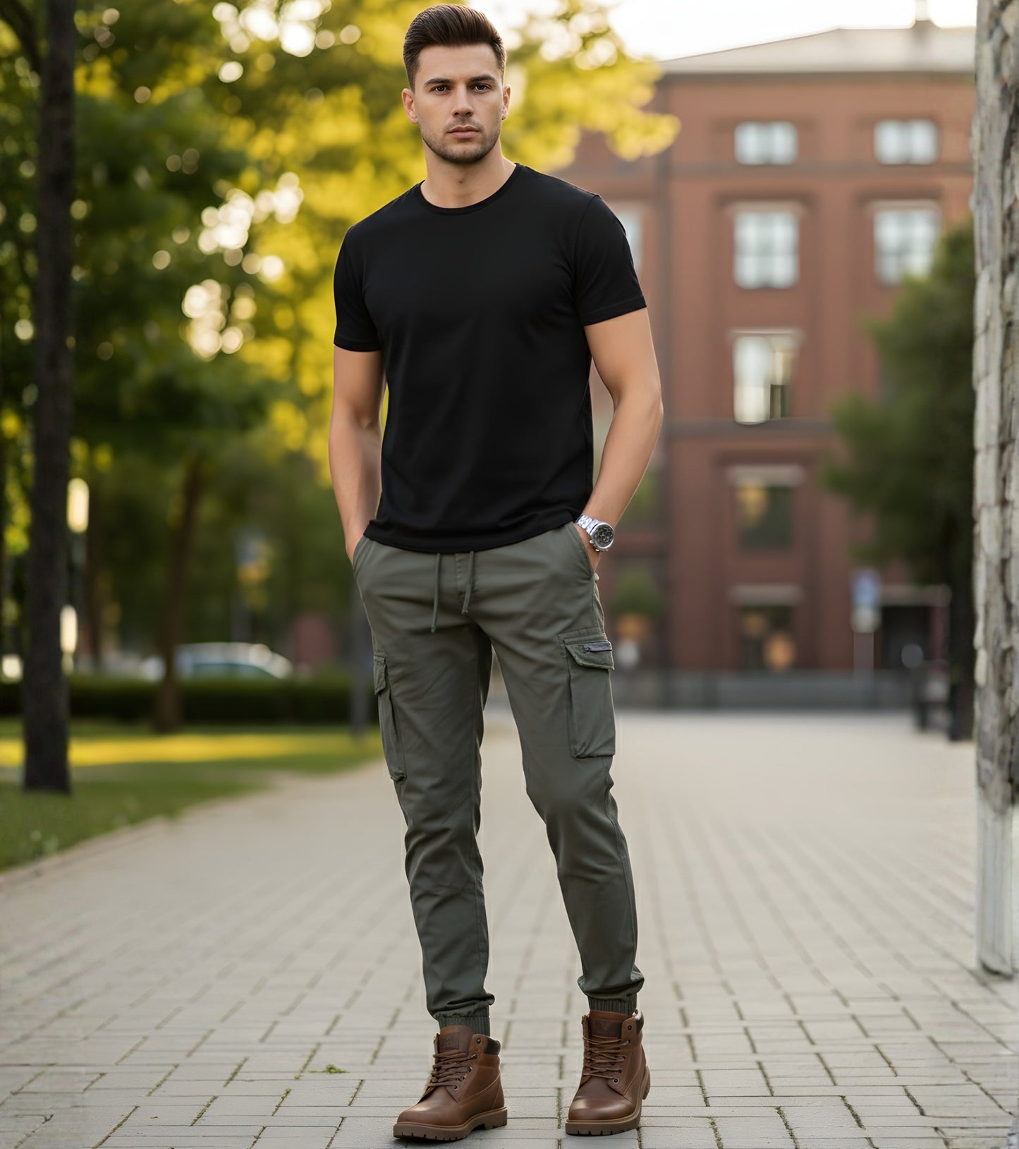 L'MONTE Men's Green Cotton Stretch Cargo Joggers Lmonte International