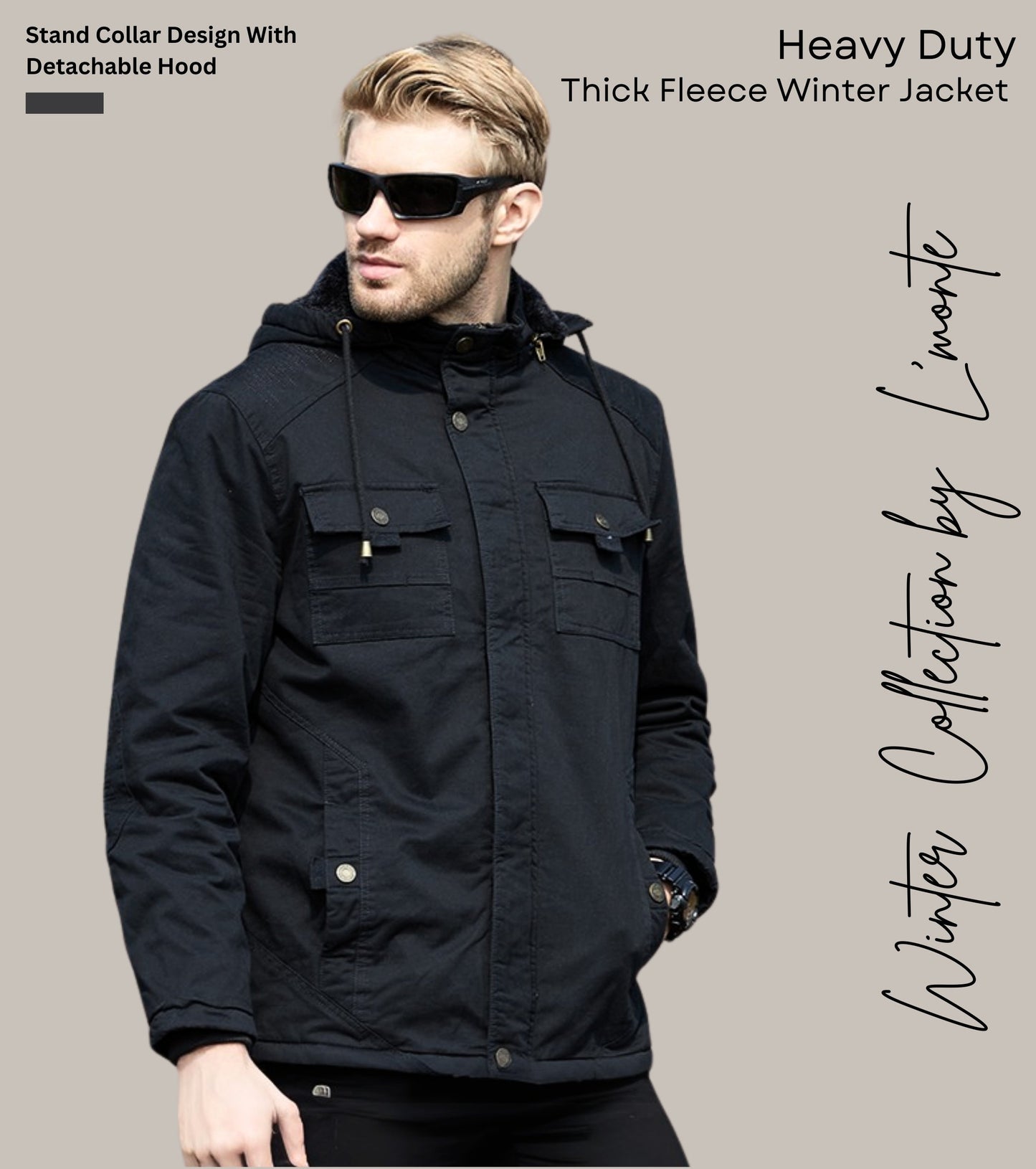 L'MONTE Men's Black Winter Jacket With Detachable Hood My Store