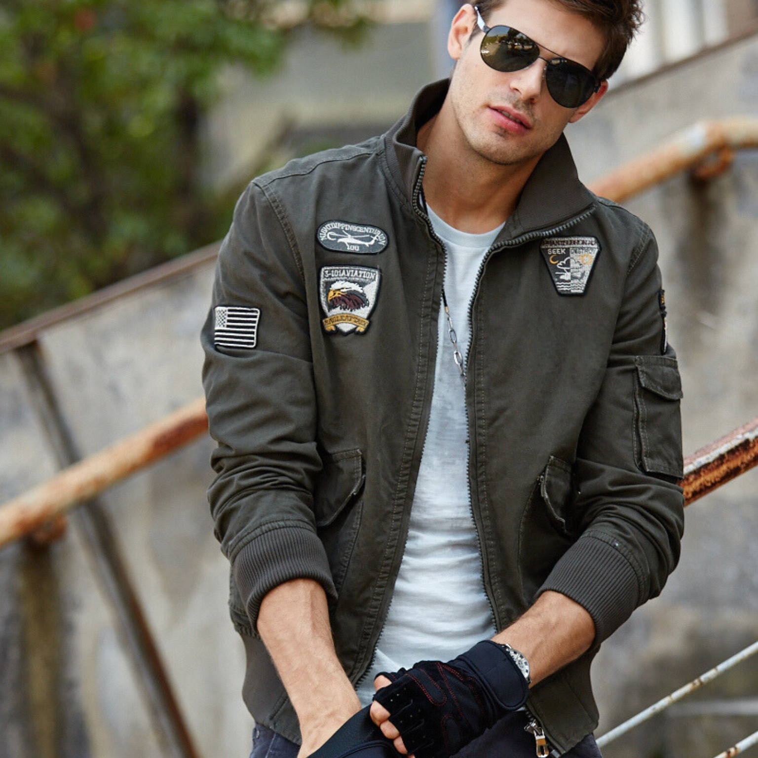 L'MONTE Men's Army Green USA Military-Style Biker Jacket My Store