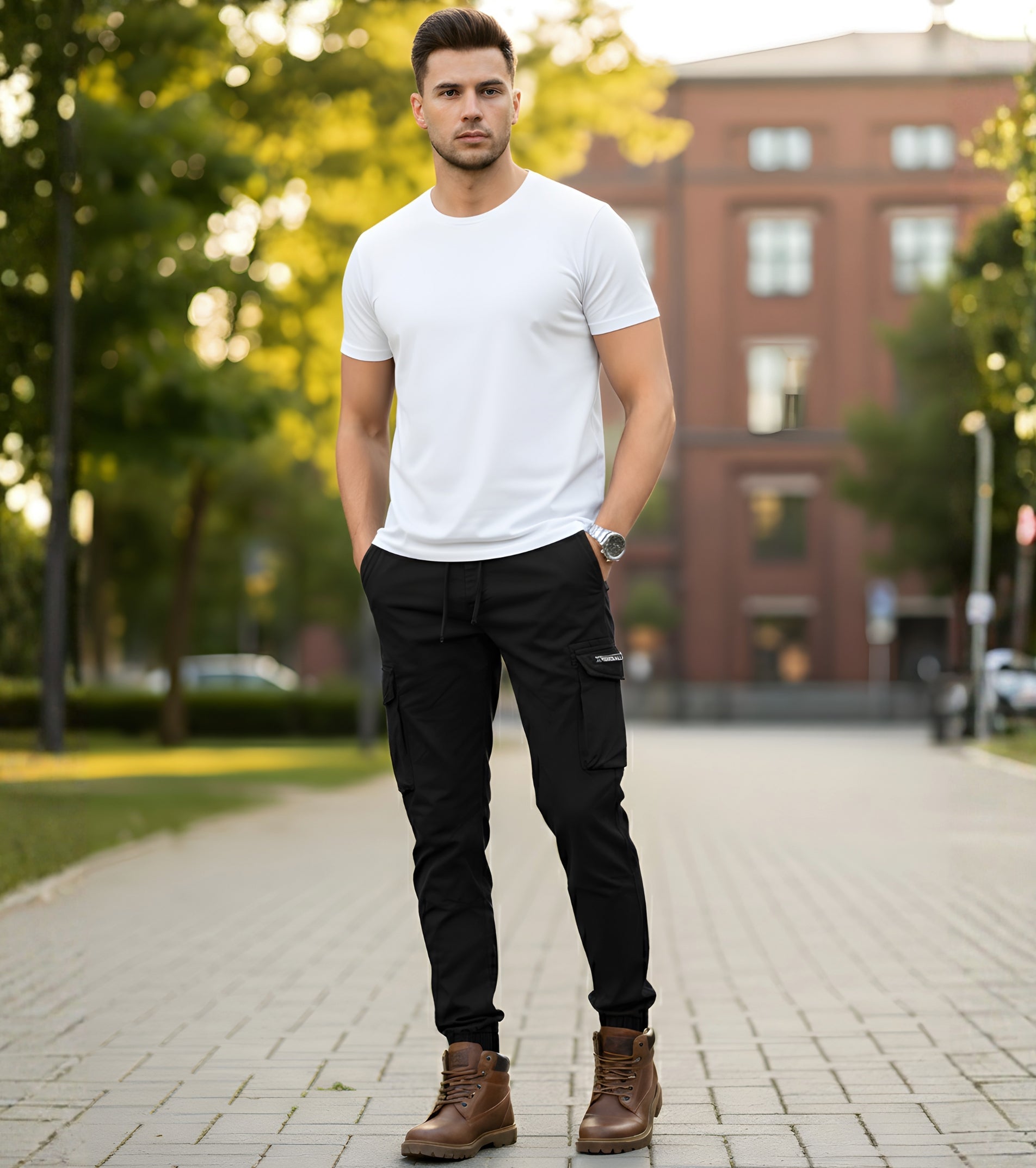 L'MONTE Men's Black Cotton Stretch Cargo Joggers Lmonte International