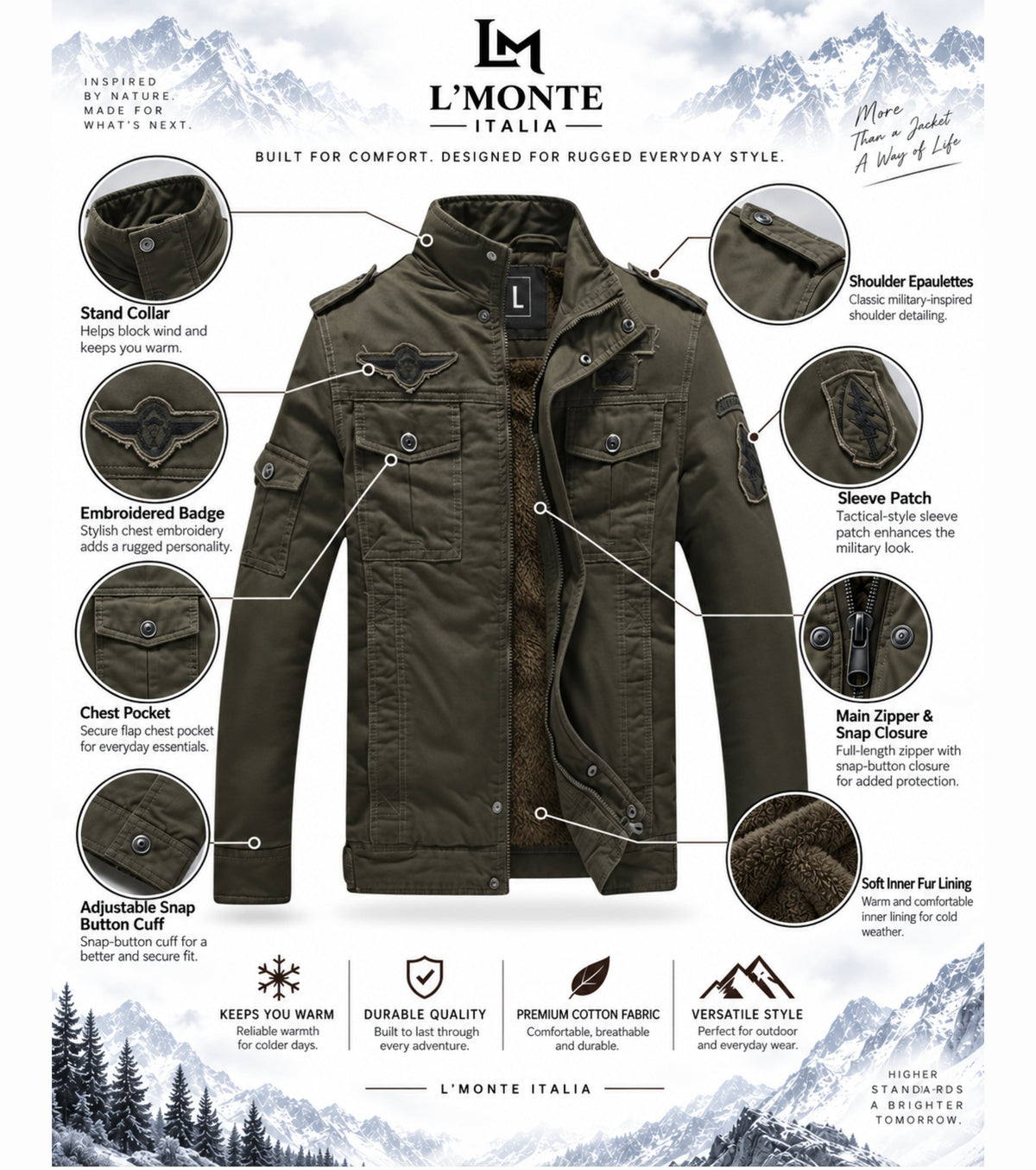 L'MONTE Men's Army Green Fleece-Lined Bomber Jacket My Store