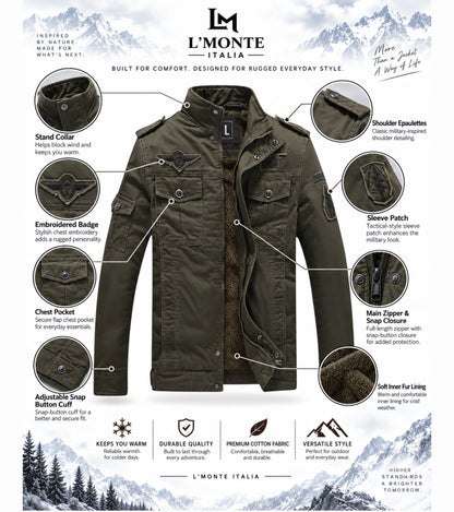 L'MONTE Men's Army Green Fleece-Lined Bomber Jacket My Store