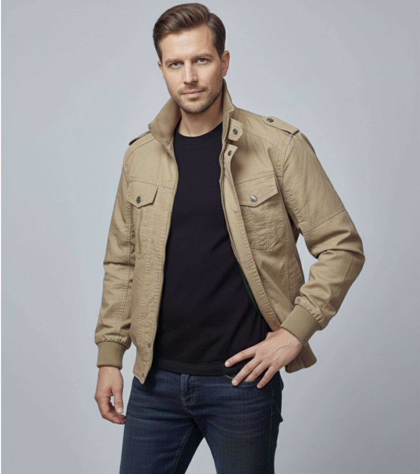 L'MONTE Men's Khaki Casual Bomber Jacket My Store