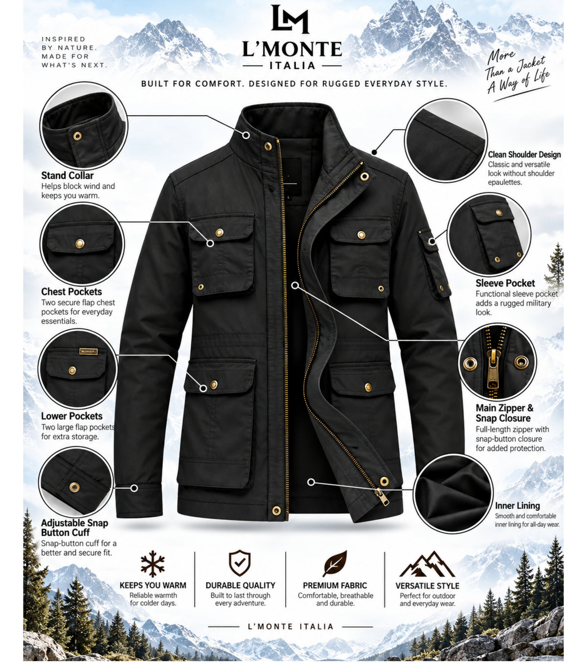 L'MONTE Men's Black Cotton Outdoor Fall Jacket For Mild Winter My Store