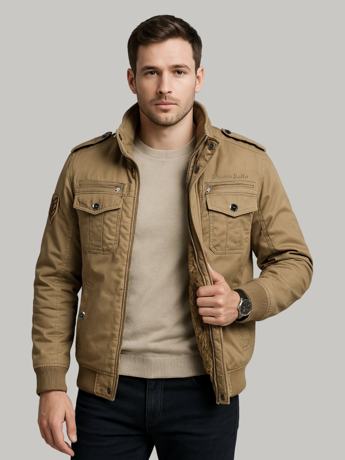 L'MONTE Men's Khaki Military-Style Cargo Winter Jacket My Store