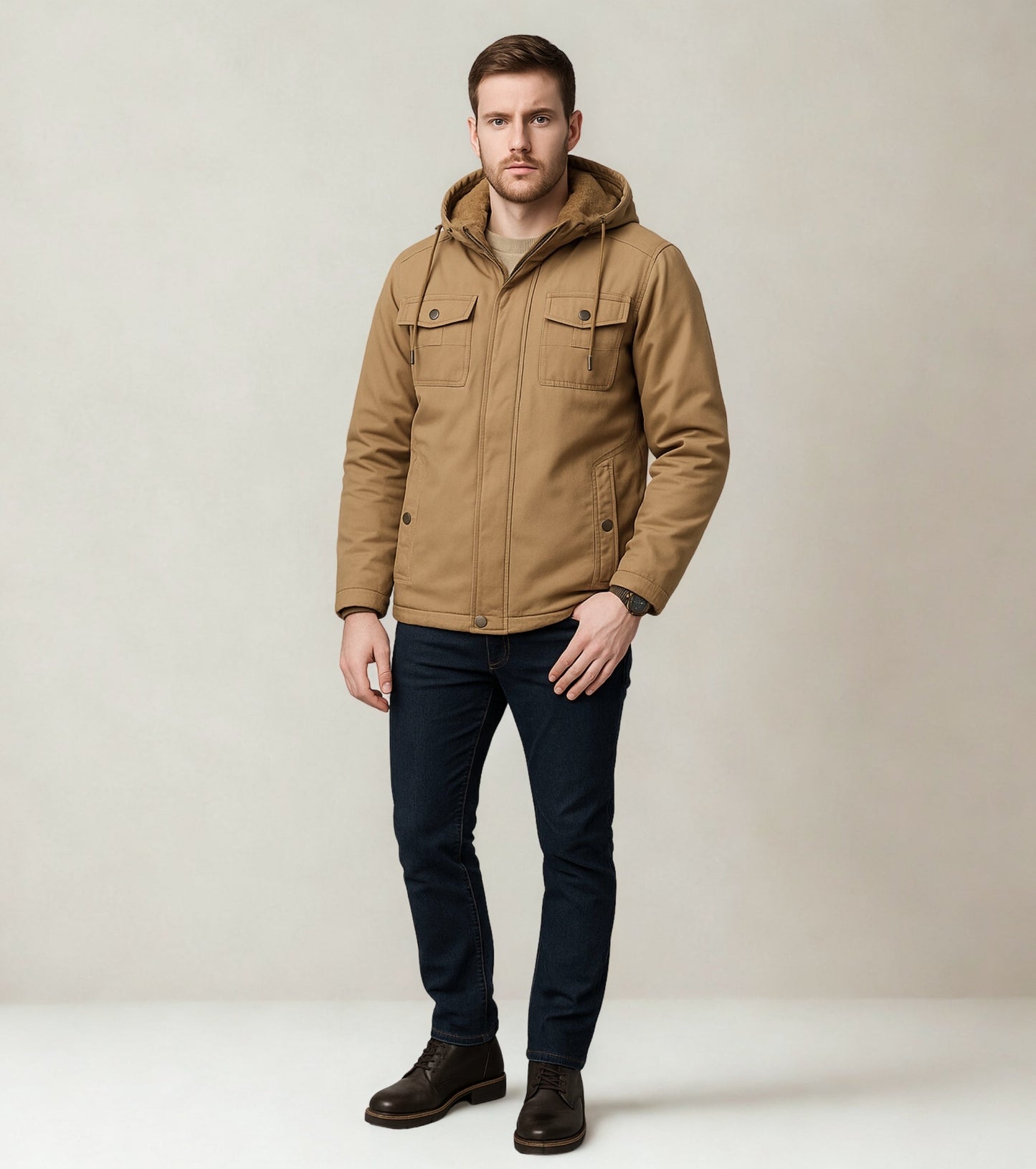 L'MONTE Men's Khaki Winter Jacket With Detachable Hood My Store