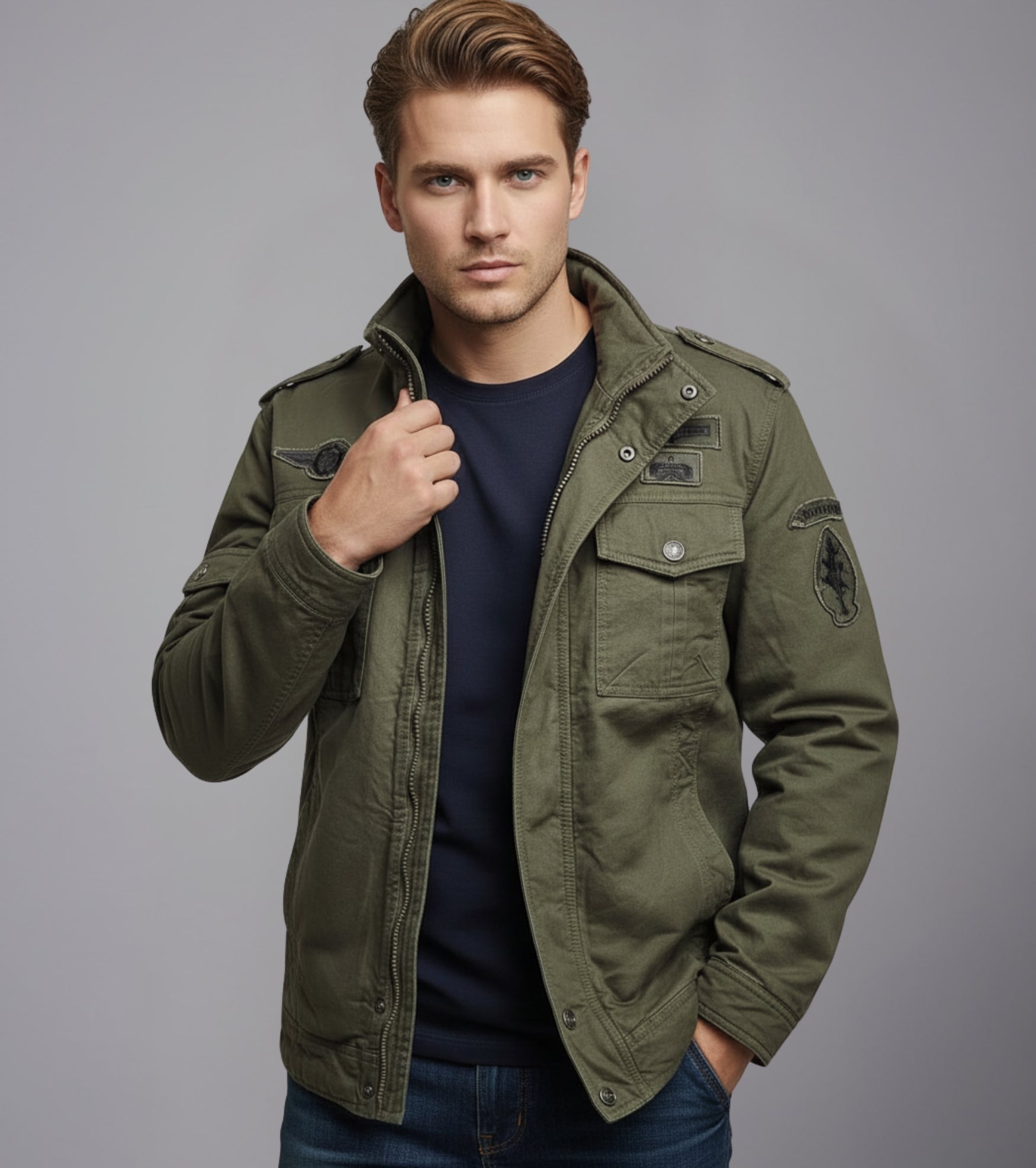L'MONTE Men's Army Green Fleece-Lined Bomber Jacket My Store