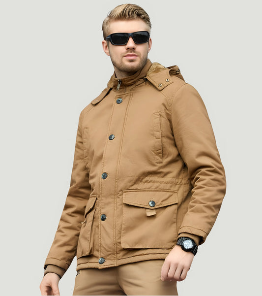 L'MONTE Men's Khaki Fleece-Lined Jacket With Detachable Hood My Store