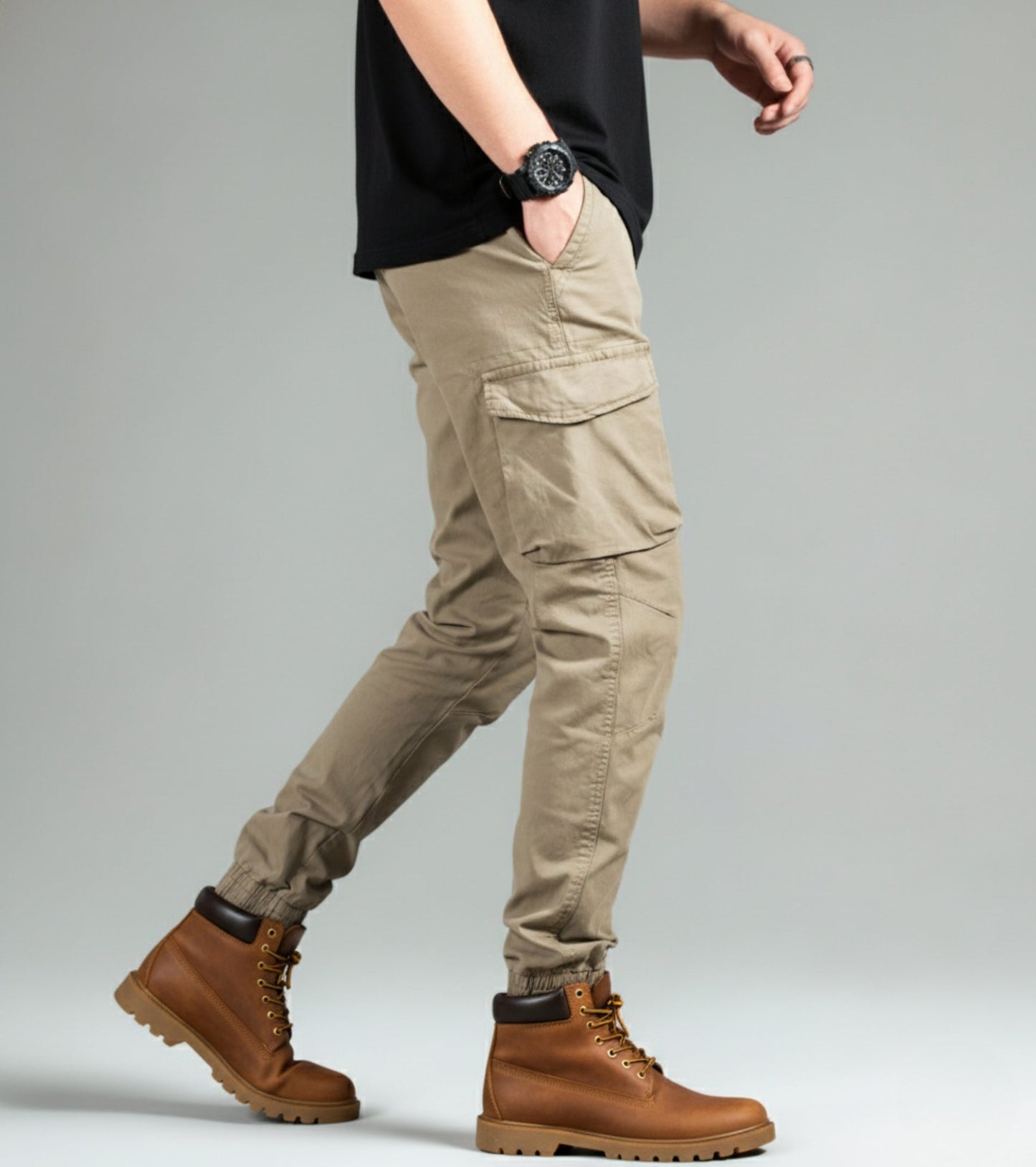 L'MONTE Men's Khaki Cotton Stretch Cargo Joggers Lmonte International