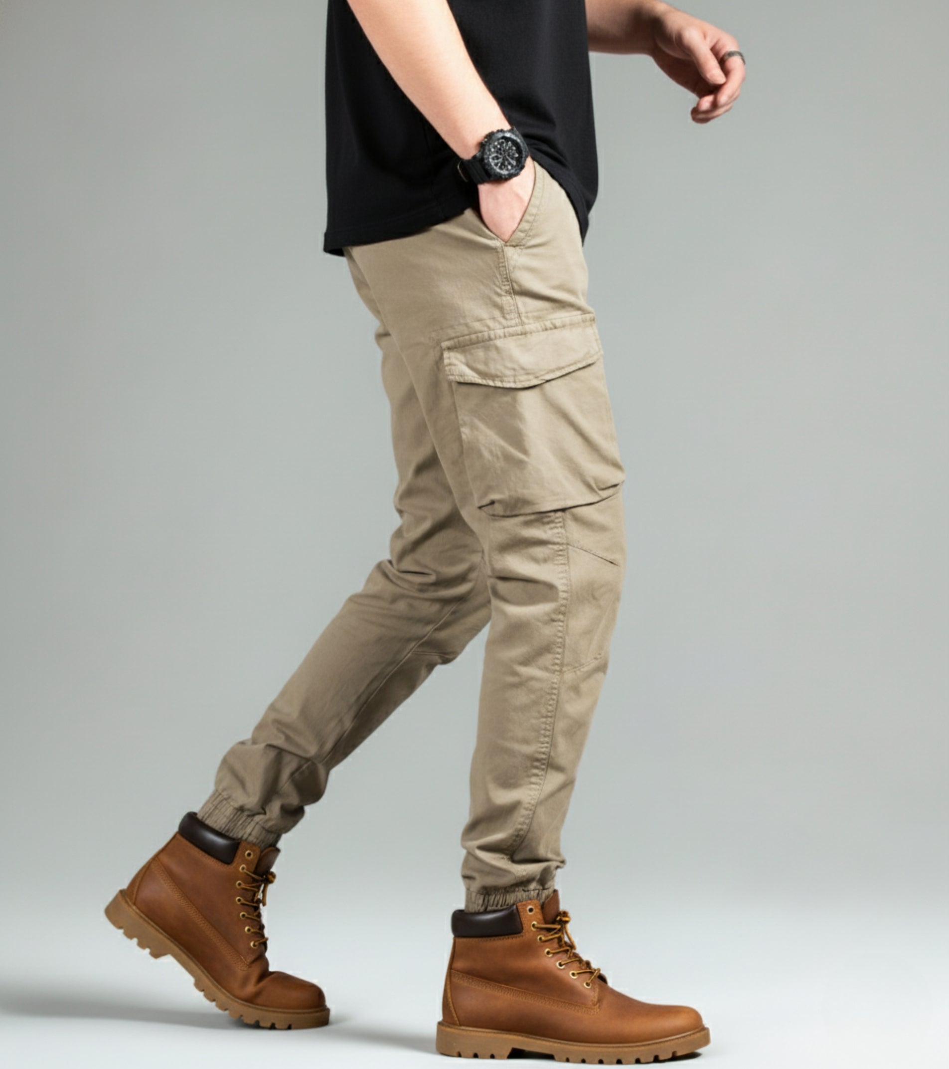 L'MONTE Men's Khaki Cotton Stretch Cargo Joggers Lmonte International