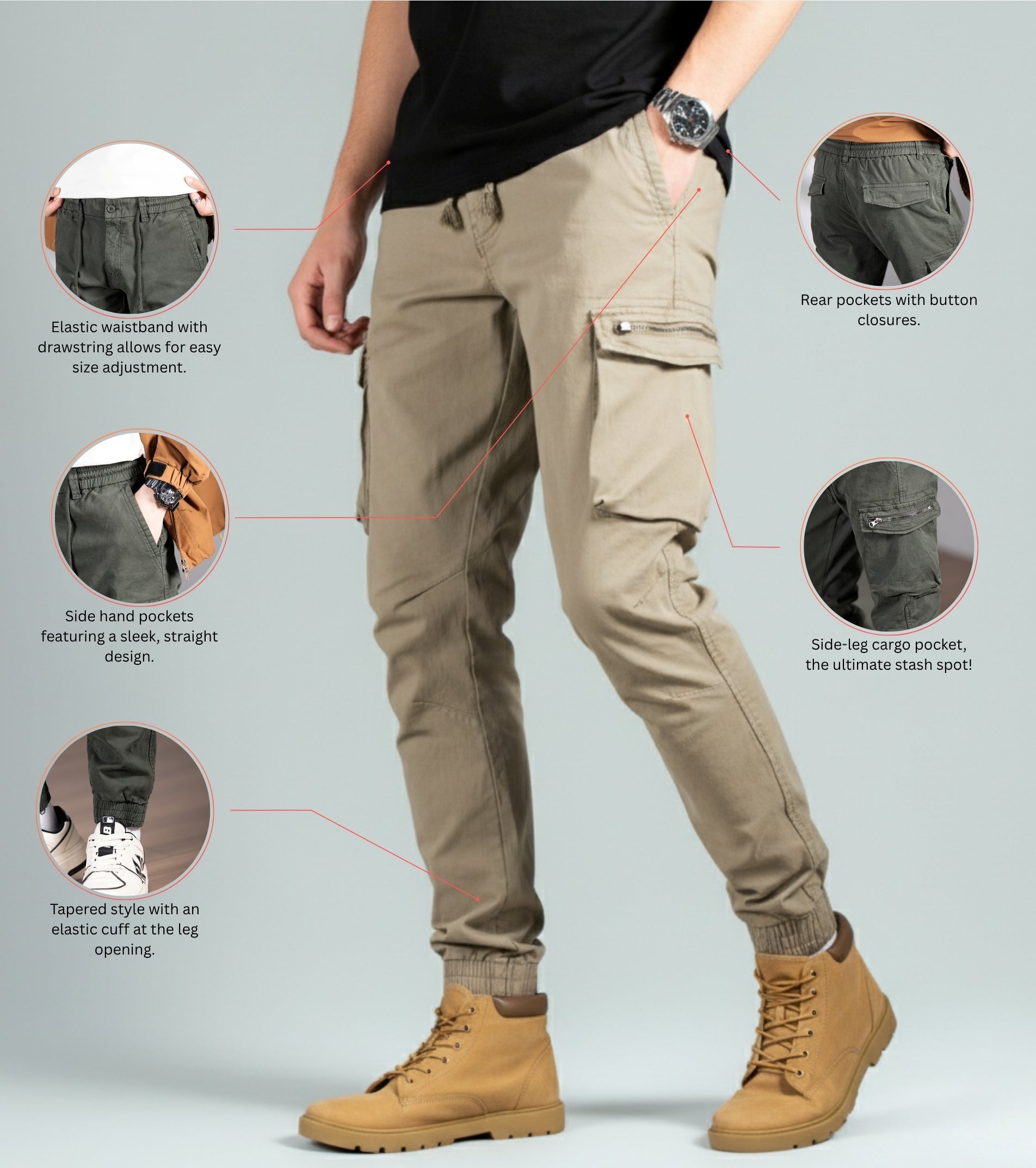 L'MONTE Men's Khaki Cotton Stretch Cargo Joggers Lmonte International