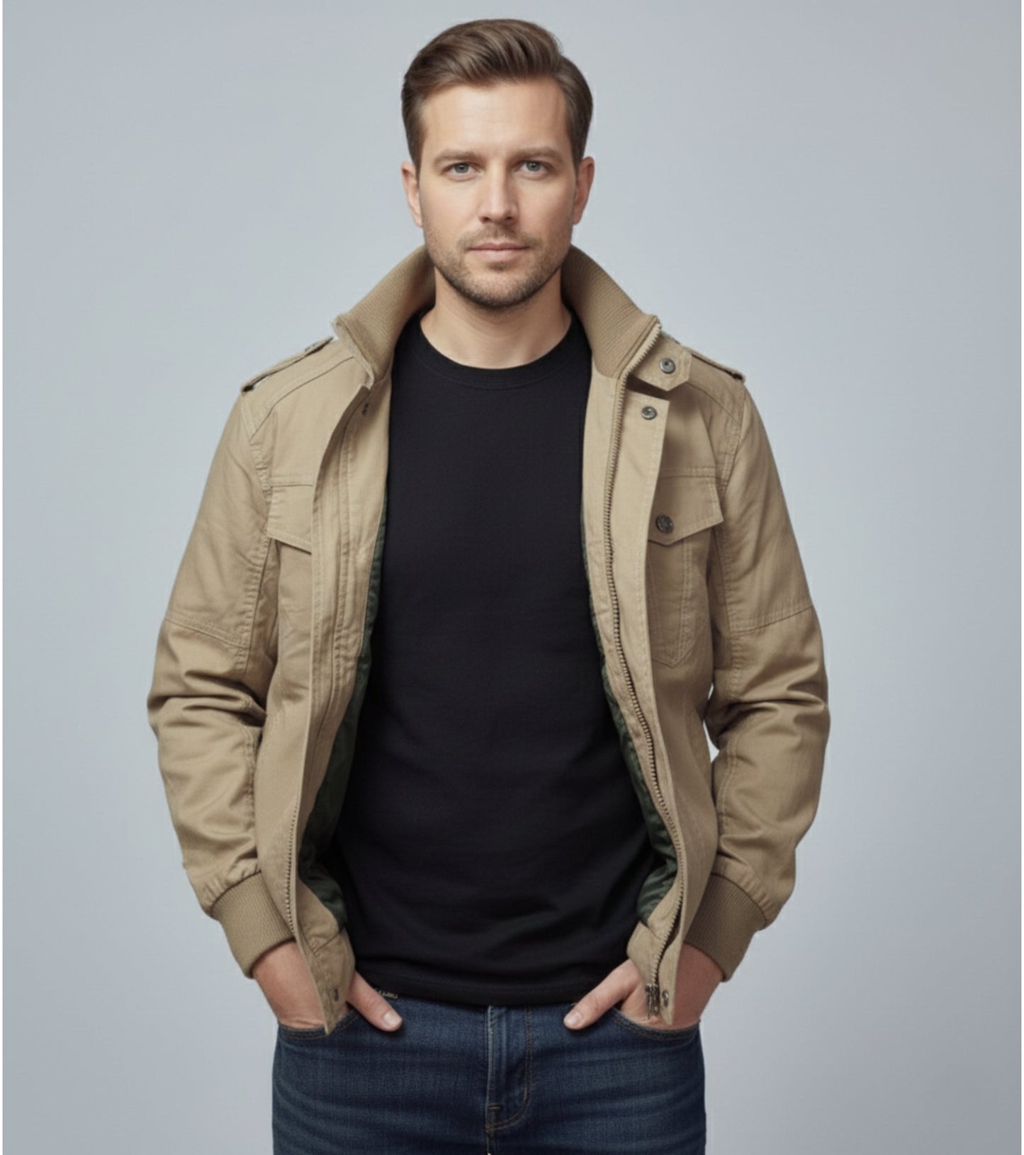 L'MONTE Men's Khaki Casual Bomber Jacket My Store