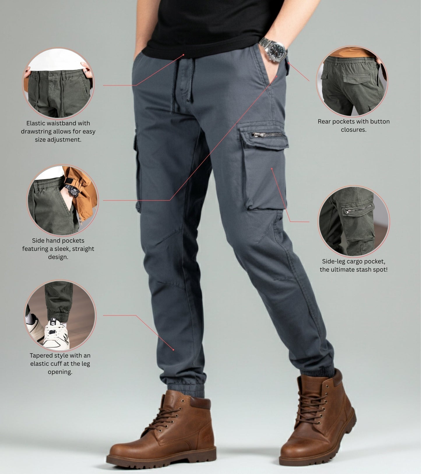 L'MONTE Men's Grey Cotton Stretch Cargo Joggers Lmonte International