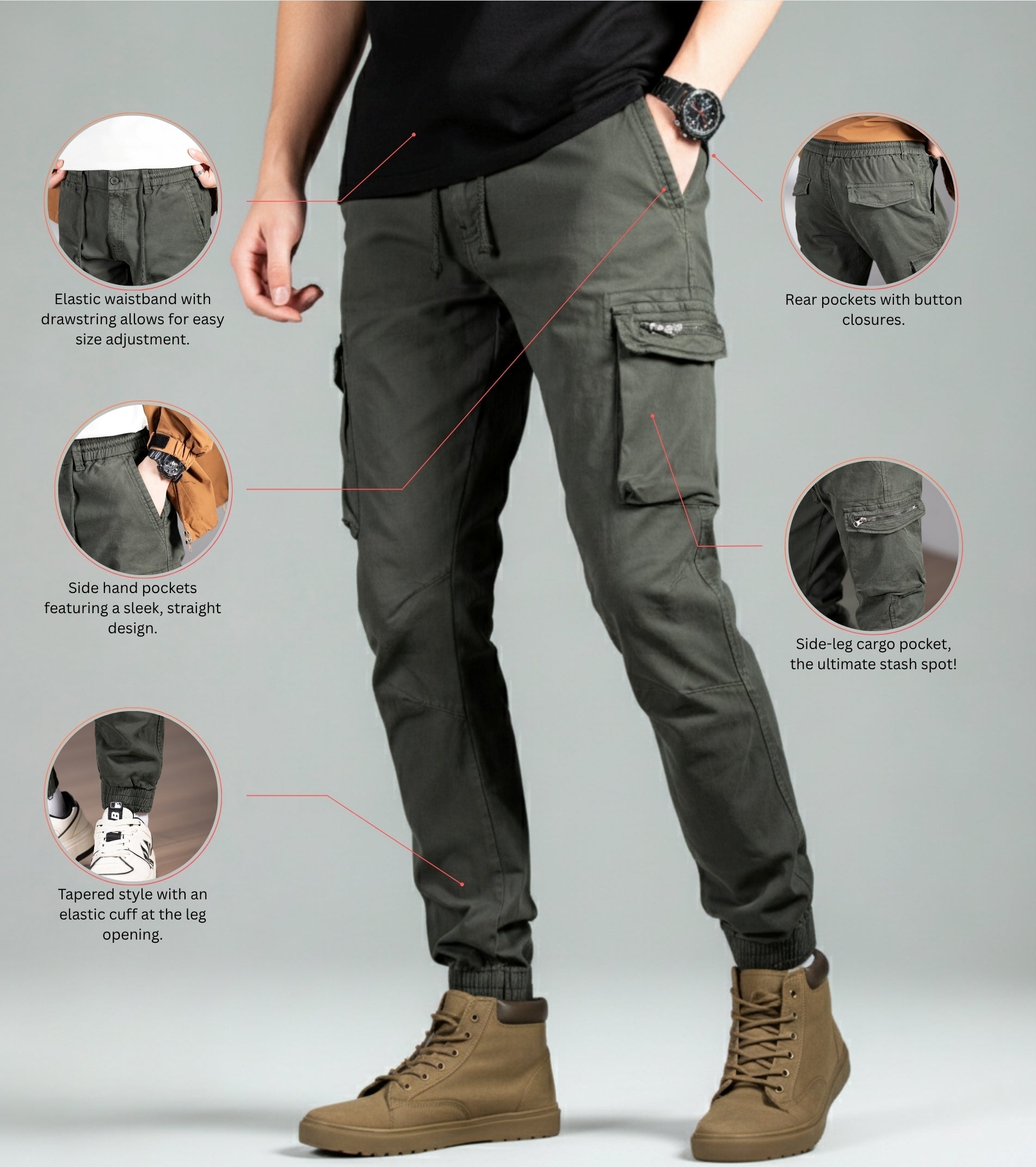 L'MONTE Men's Green Cotton Stretch Cargo Joggers Lmonte International