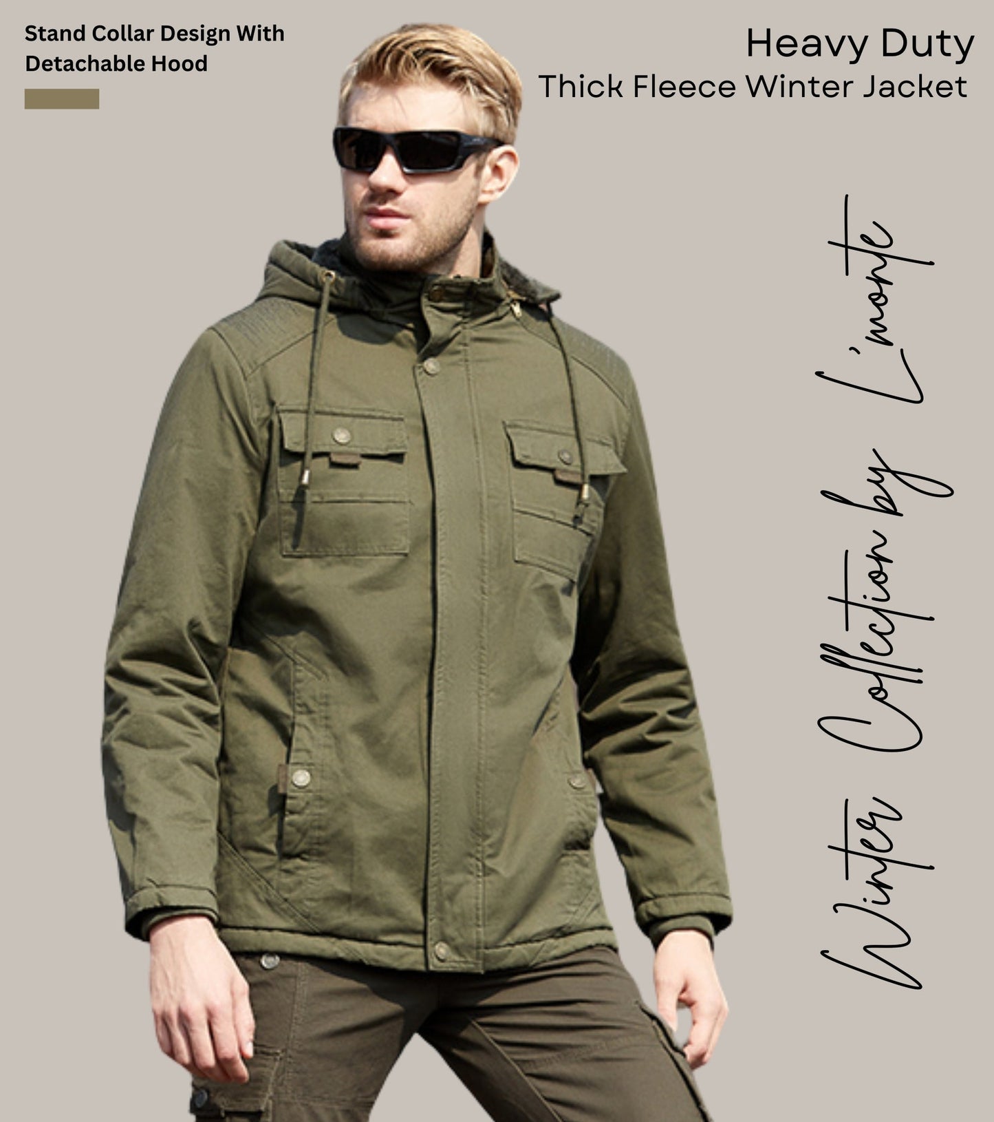 L'MONTE Men's Green Winter Jacket With Detachable Hood My Store