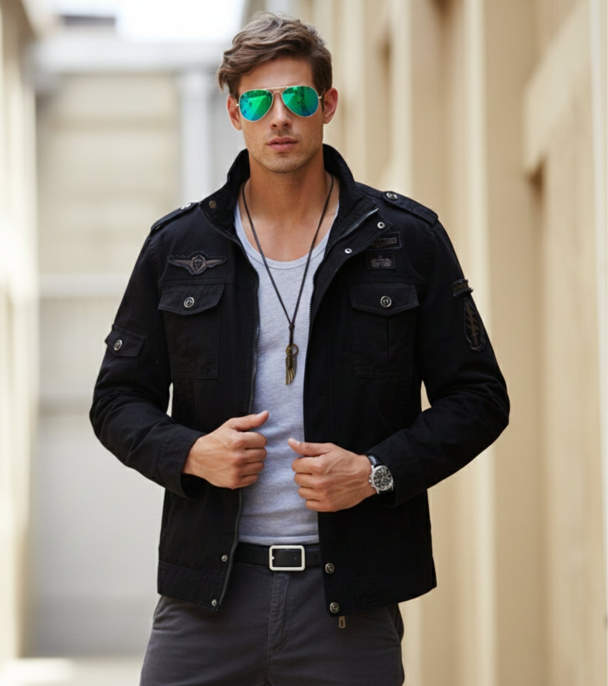 L'MONTE Men's Black Military-Style Bomber Jacket My Store