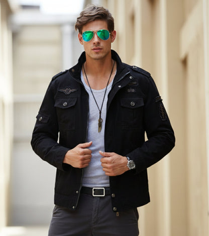 L'MONTE Men's Black Military-Style Bomber Jacket My Store