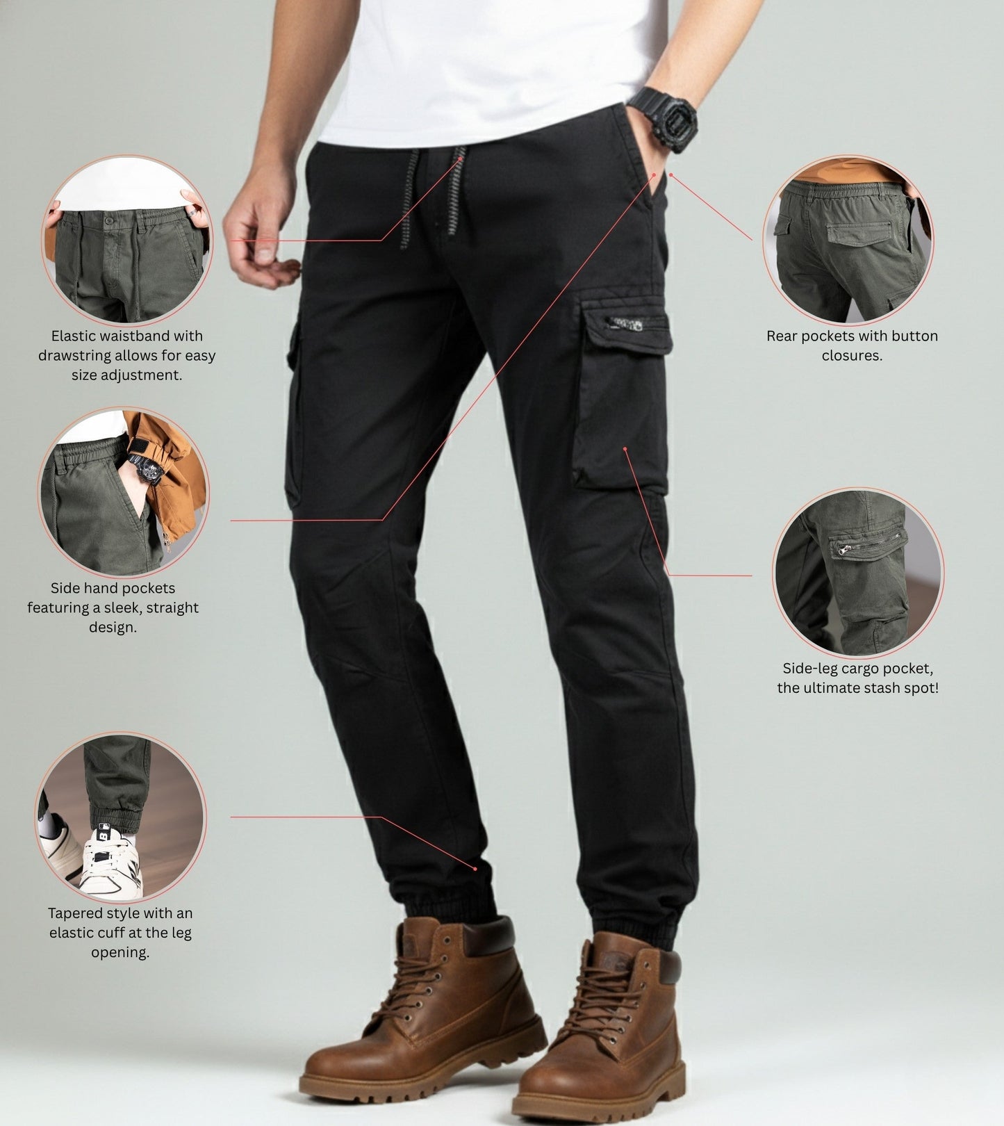 L'MONTE Men's Black Cotton Stretch Cargo Joggers Lmonte International