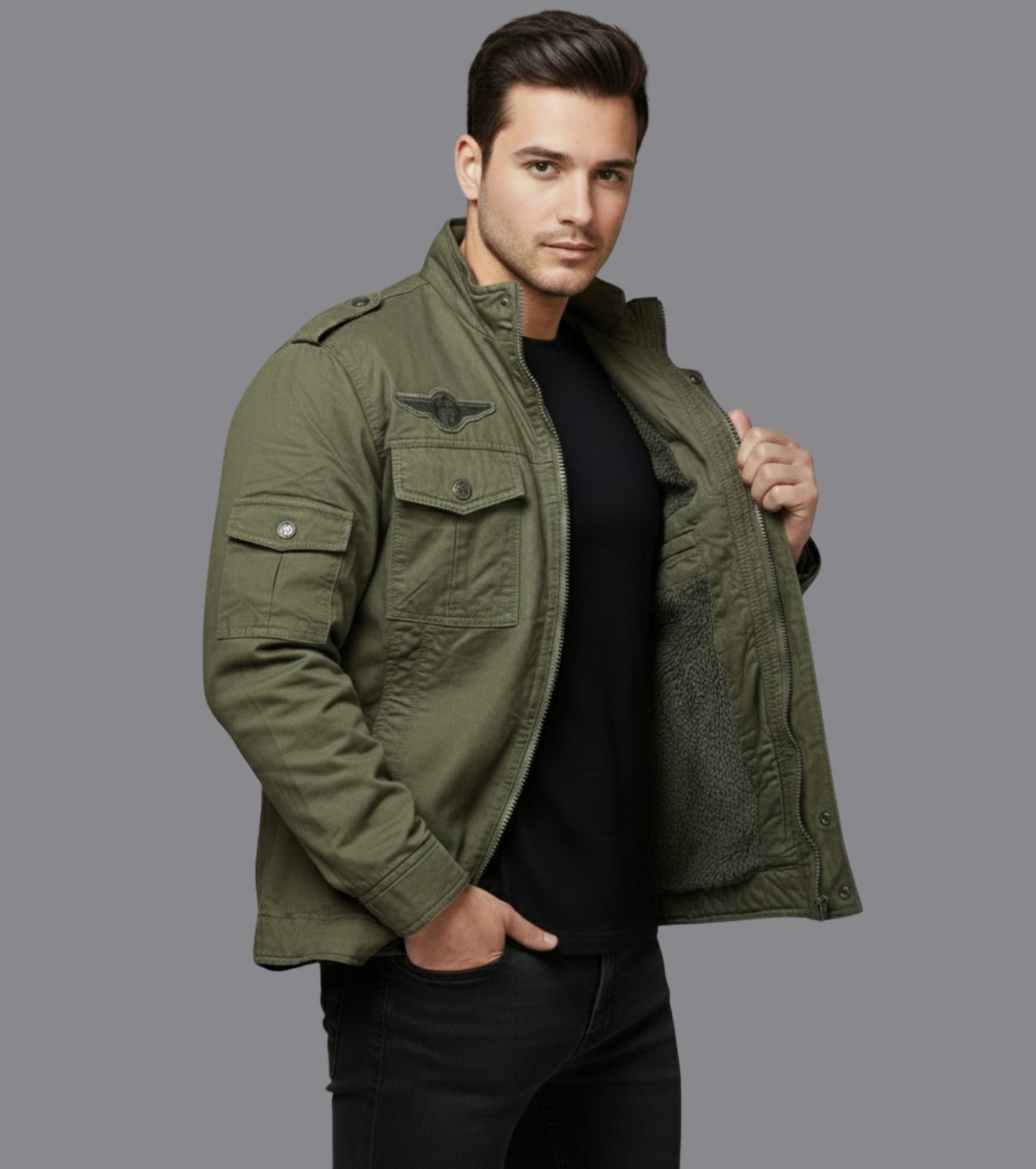 L'MONTE Men's Army Green Fleece-Lined Bomber Jacket My Store