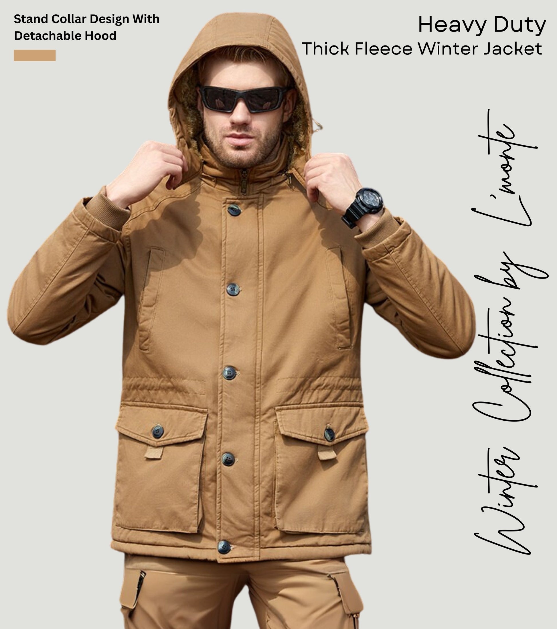L'MONTE Men's Khaki Fleece-Lined Jacket With Detachable Hood My Store