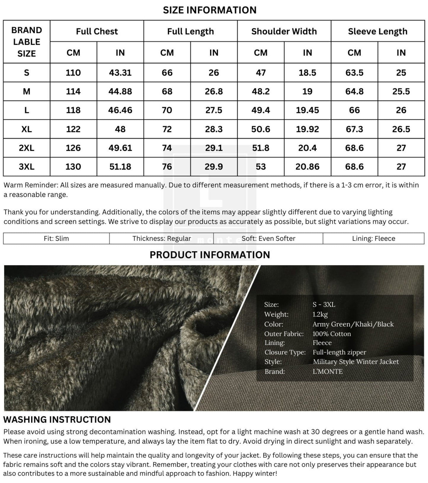 L'MONTE Men's Army Green Fleece-Lined Bomber Jacket My Store