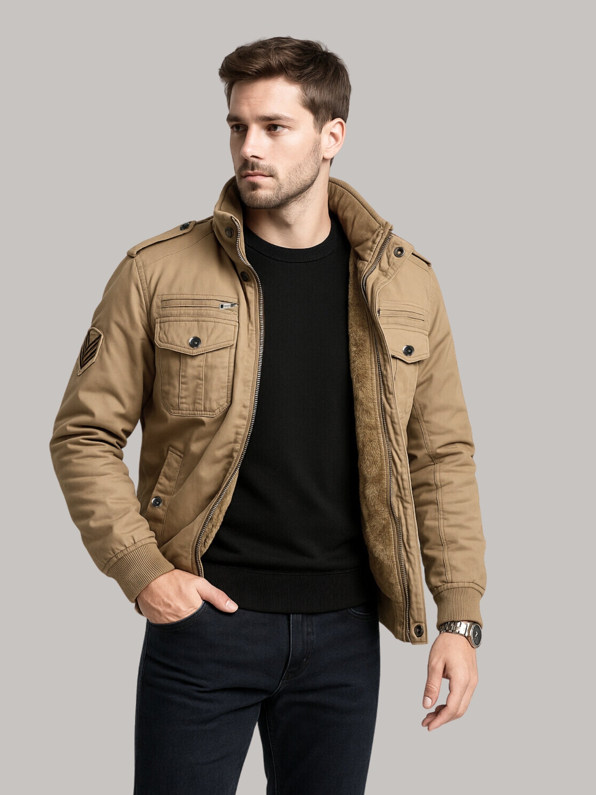 L'MONTE Men's Khaki Military-Style Cargo Winter Jacket My Store