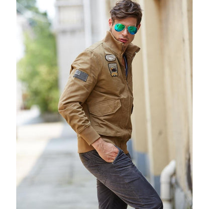 L'MONTE Men's Khaki USA Military-Style Biker Jacket My Store