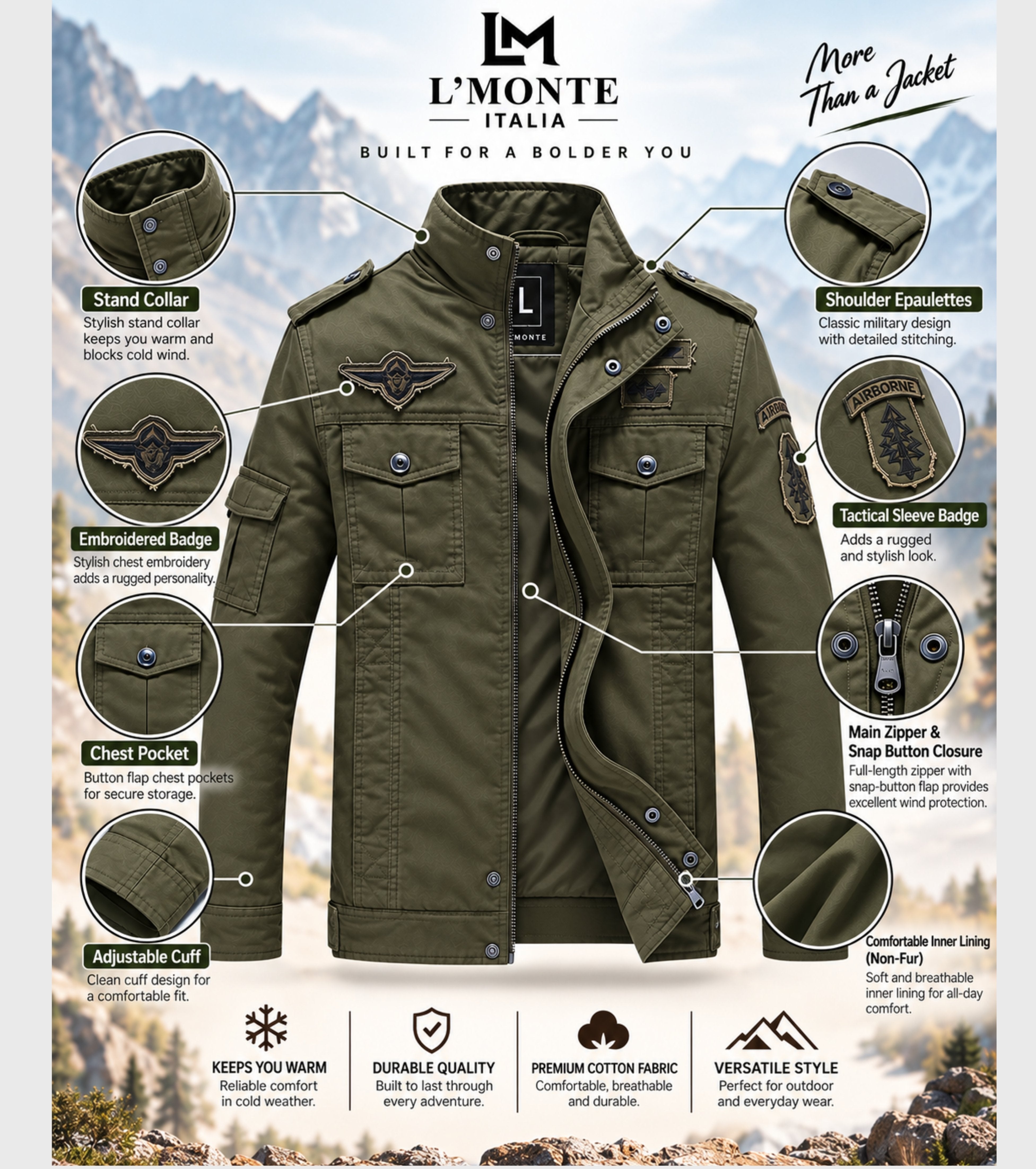 L'MONTE Men's Army Green Military-Style Bomber Jacket – Lmonte