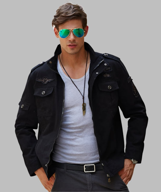 L'MONTE Men's Black Military-Style Bomber Jacket My Store