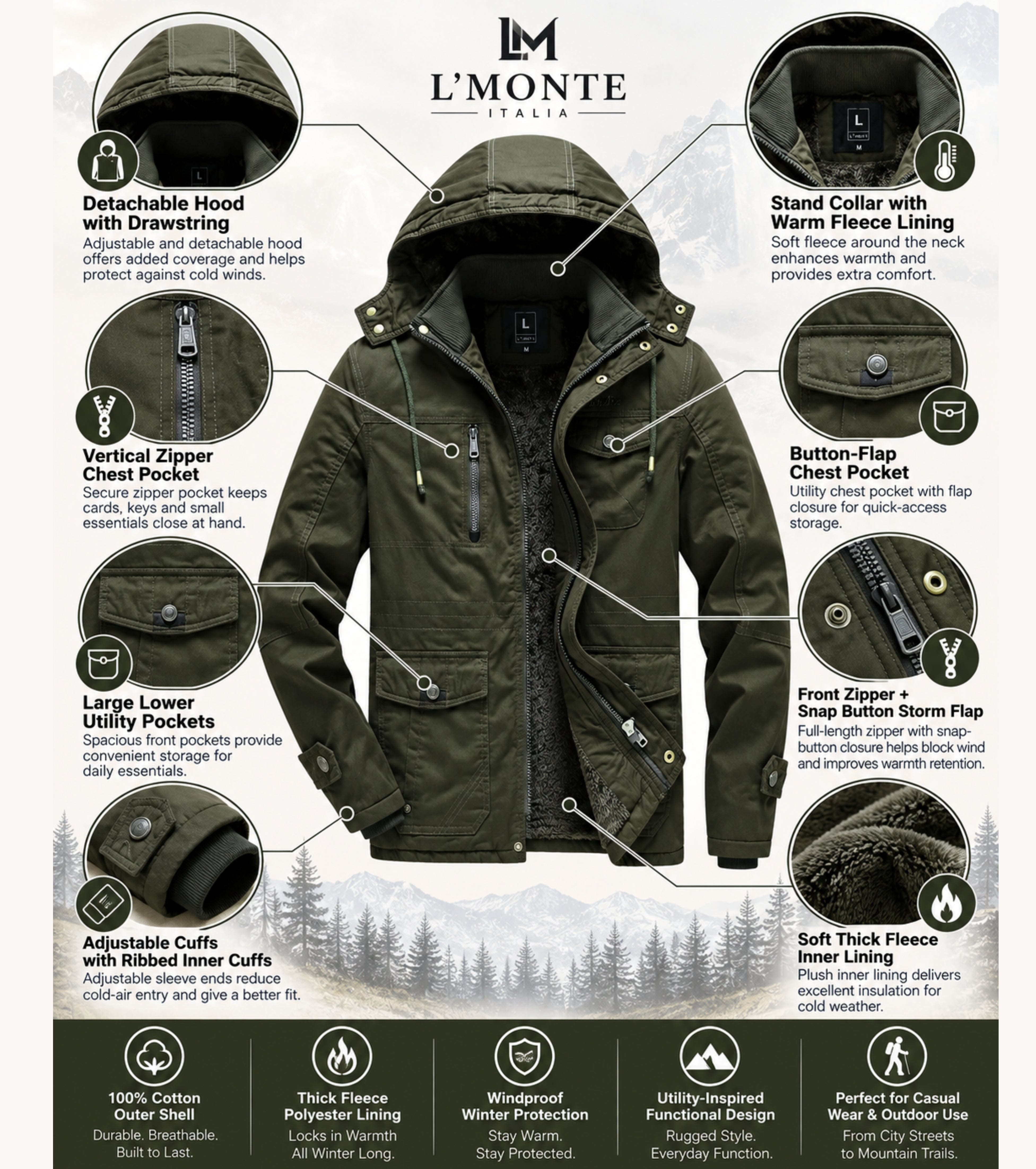 L'MONTE Men's Army Green Heavy-Duty Winter Cargo Jacket – Lmonte
