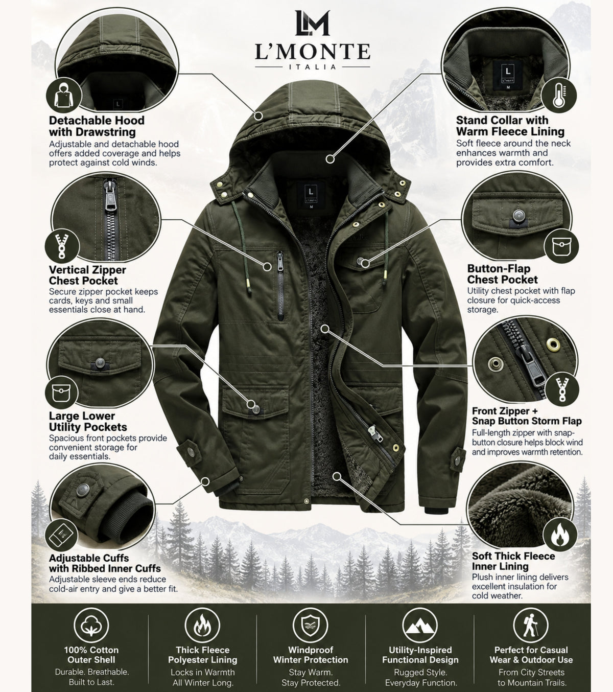 L'MONTE Men's Army Green Heavy-Duty Winter Cargo Jacket My Store