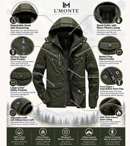 L'MONTE Men's Army Green Heavy-Duty Winter Cargo Jacket My Store