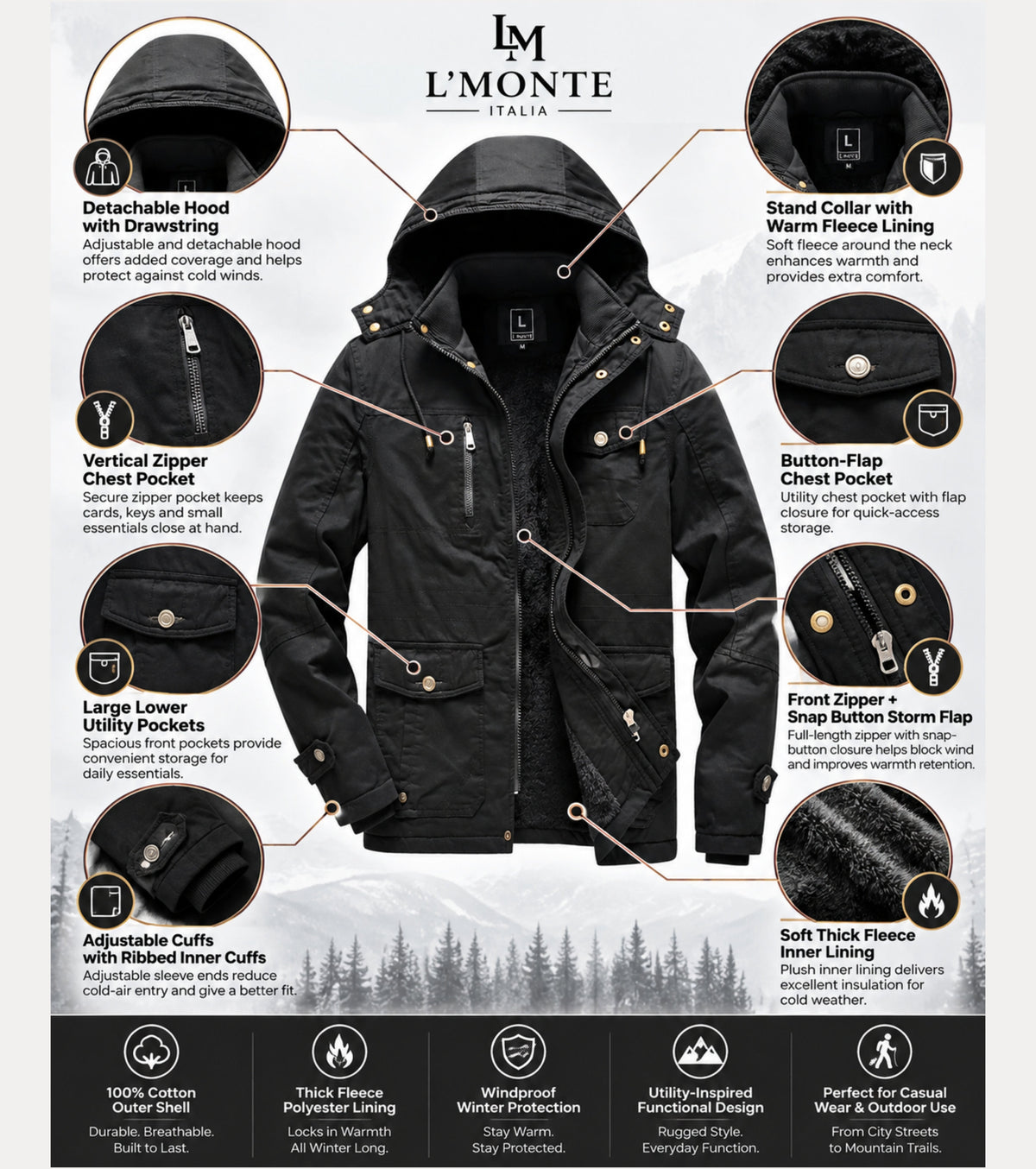 L'MONTE Men's Black Heavy-Duty Winter Cargo Jacket My Store