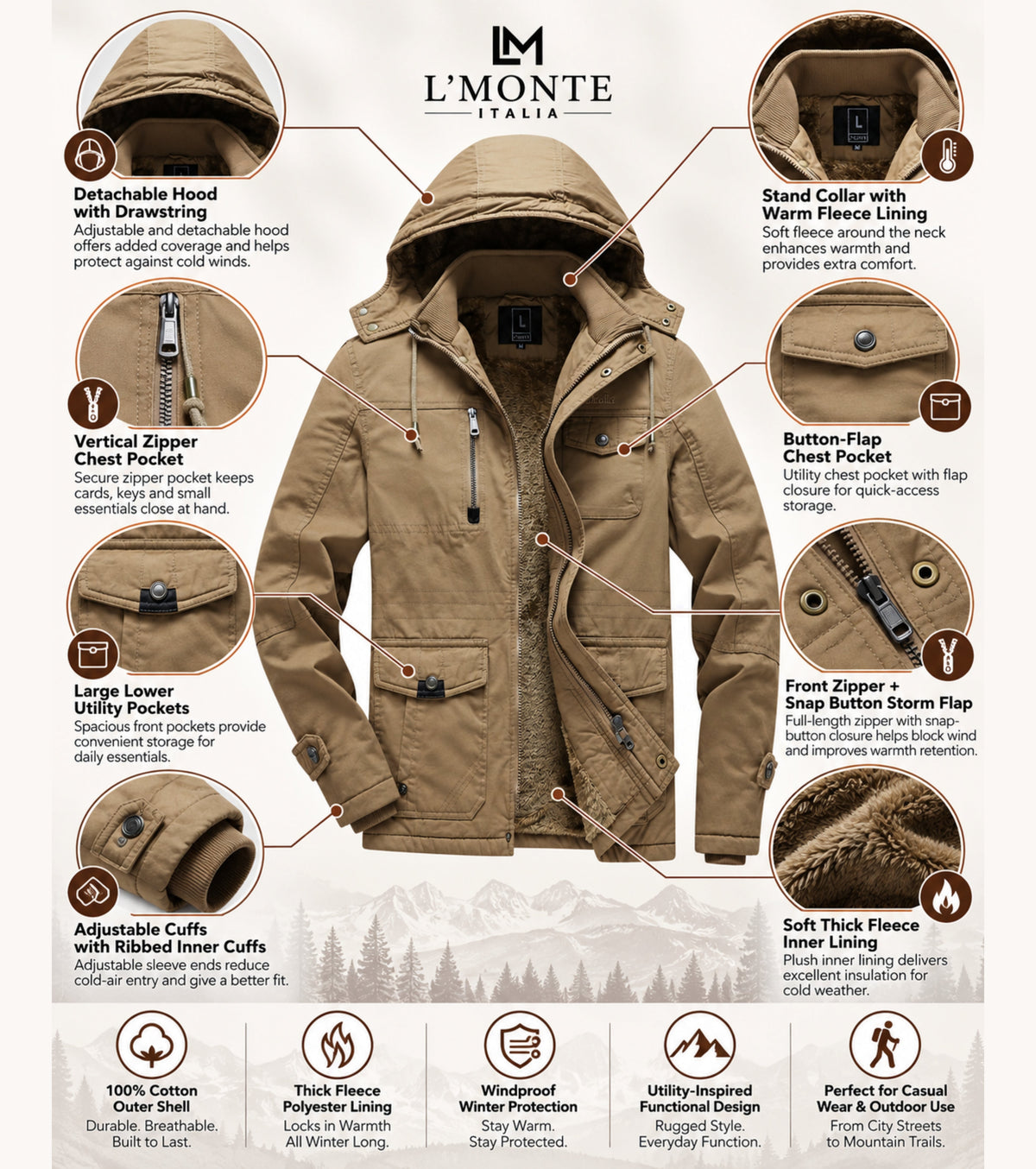 L'MONTE Men's Khaki Heavy-Duty Winter Cargo Jacket My Store