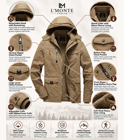 L'MONTE Men's Khaki Heavy-Duty Winter Cargo Jacket My Store