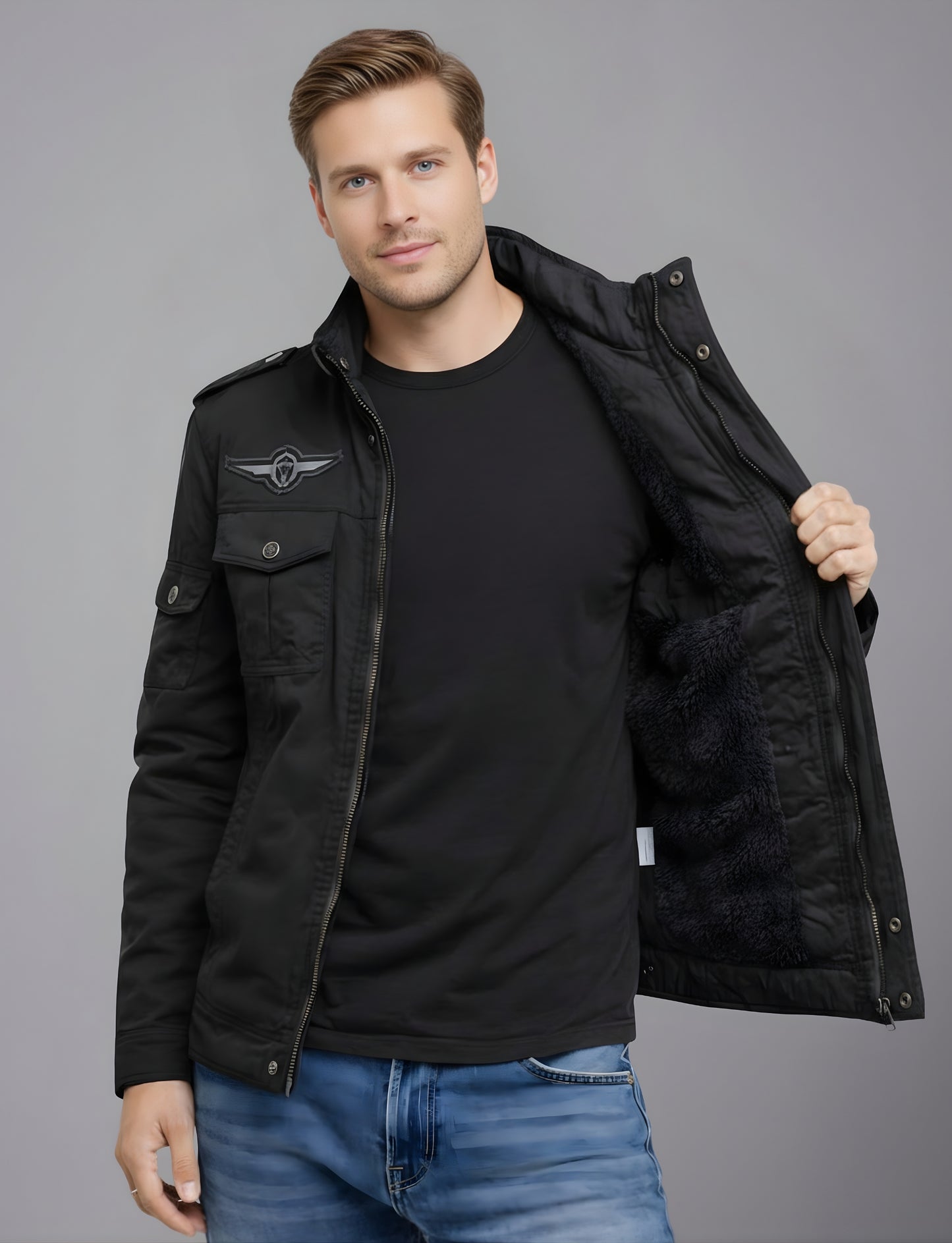 L'MONTE Men's Black Fleece-Lined Bomber Jacket