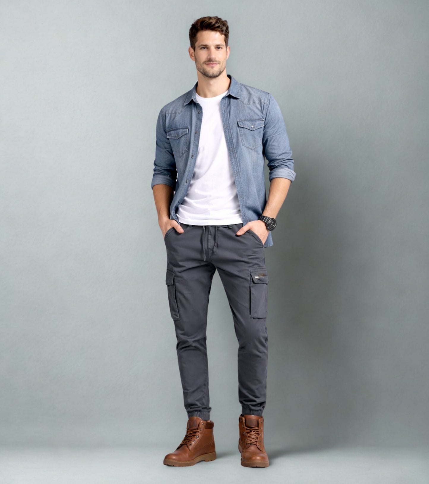 L'MONTE Men's Grey Cotton Stretch Cargo Joggers Lmonte International