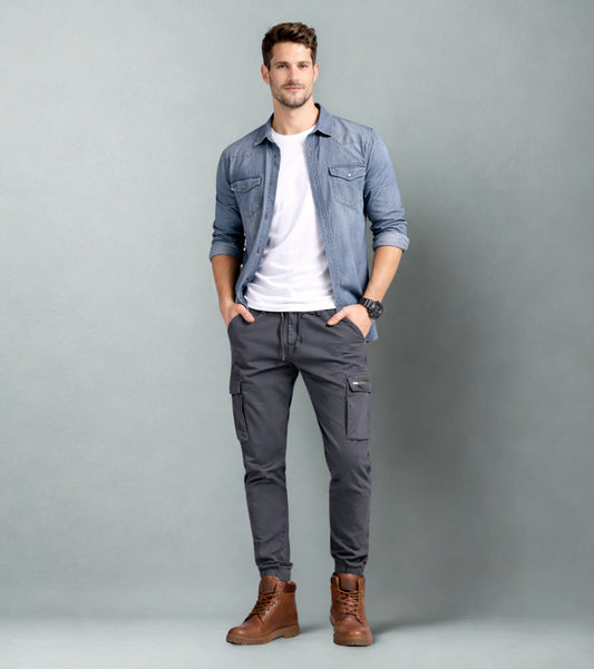 L'MONTE Men's Grey Cotton Stretch Cargo Joggers Lmonte International