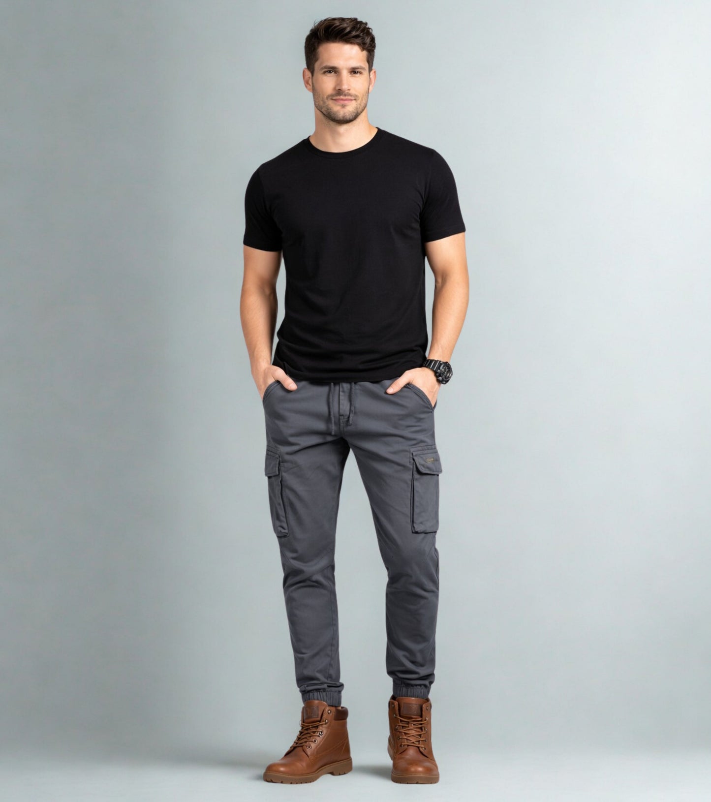 L'MONTE Men's Grey Cotton Stretch Cargo Joggers Lmonte International