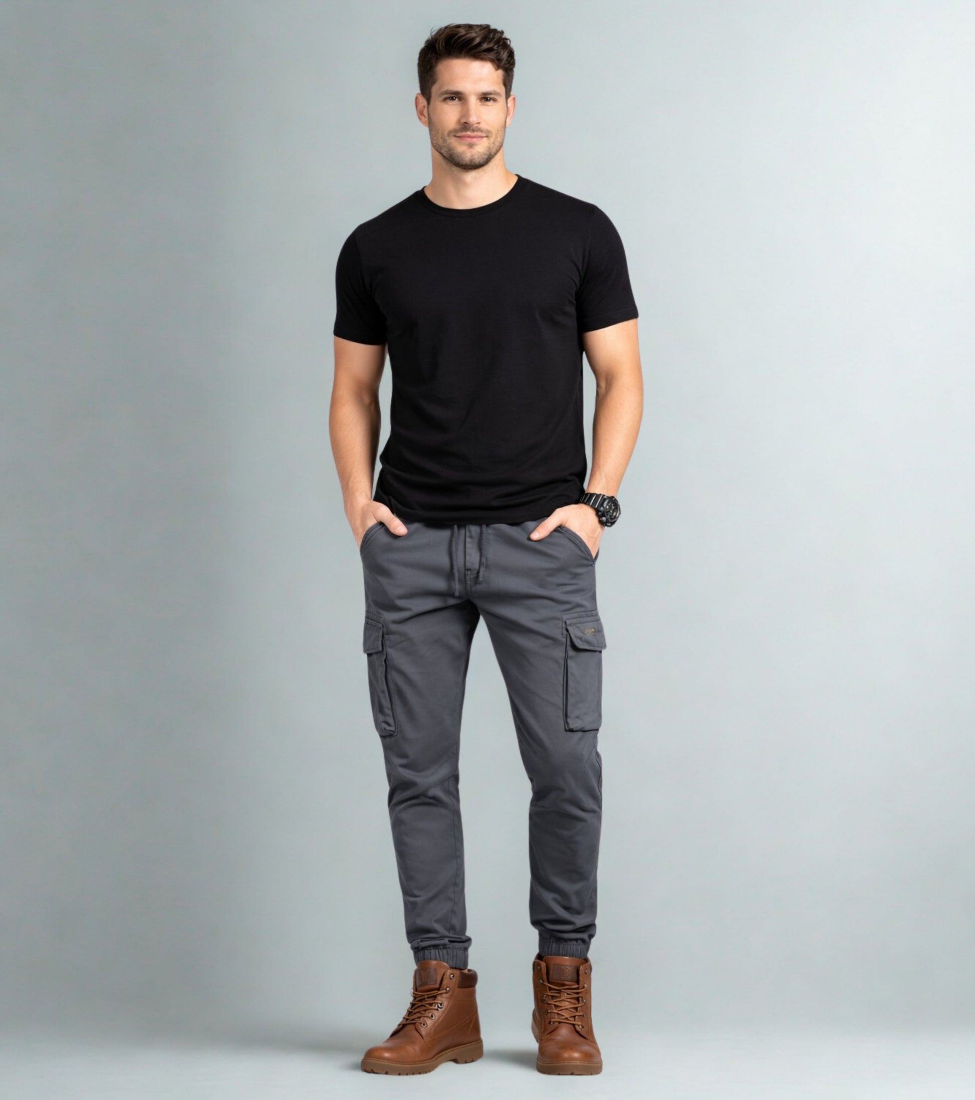 L'MONTE Men's Grey Cotton Stretch Cargo Joggers Lmonte International