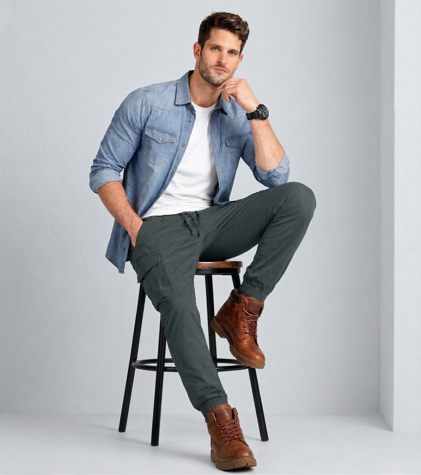 L'MONTE Men's Grey Cotton Stretch Cargo Joggers Lmonte International