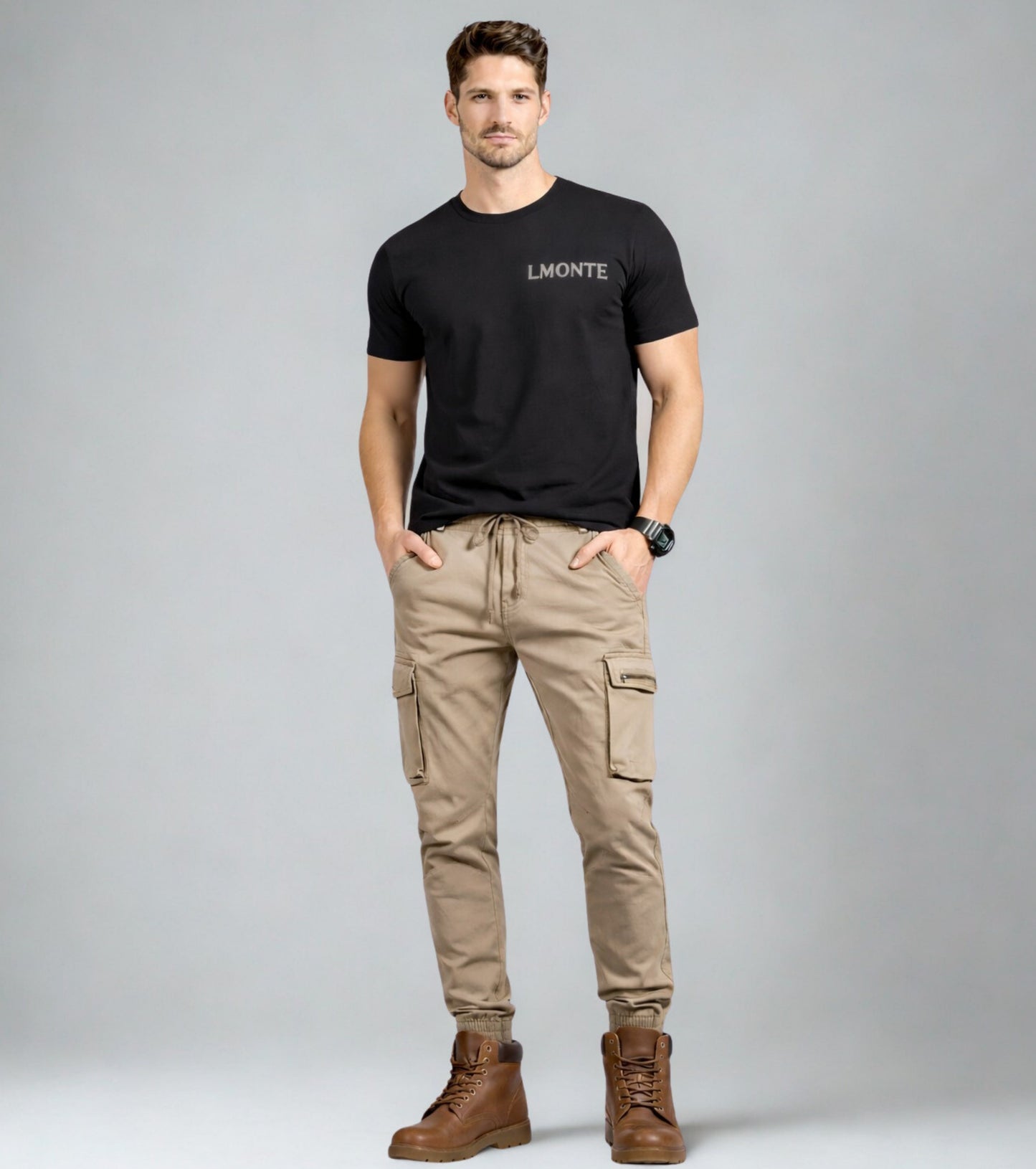 L'MONTE Men's Khaki Cotton Stretch Cargo Joggers Lmonte International