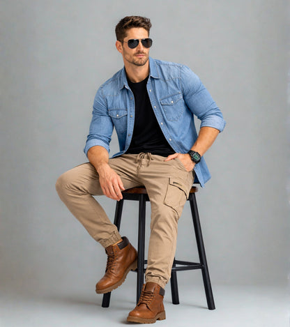 L'MONTE Men's Khaki Cotton Stretch Cargo Joggers Lmonte International
